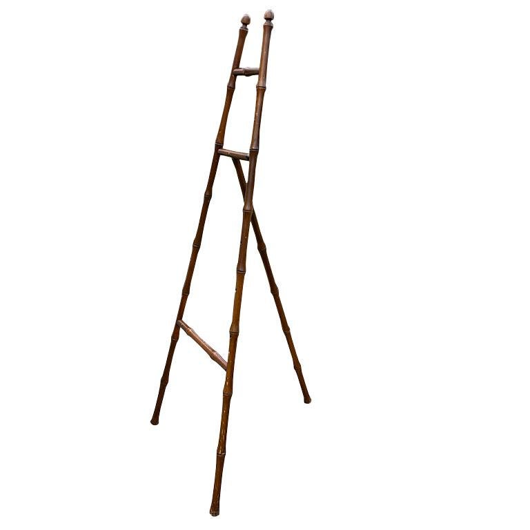 Chinoiserie Large Grand Millennial Brown Faux Bamboo Wood Floor Display Easel - France For Sale