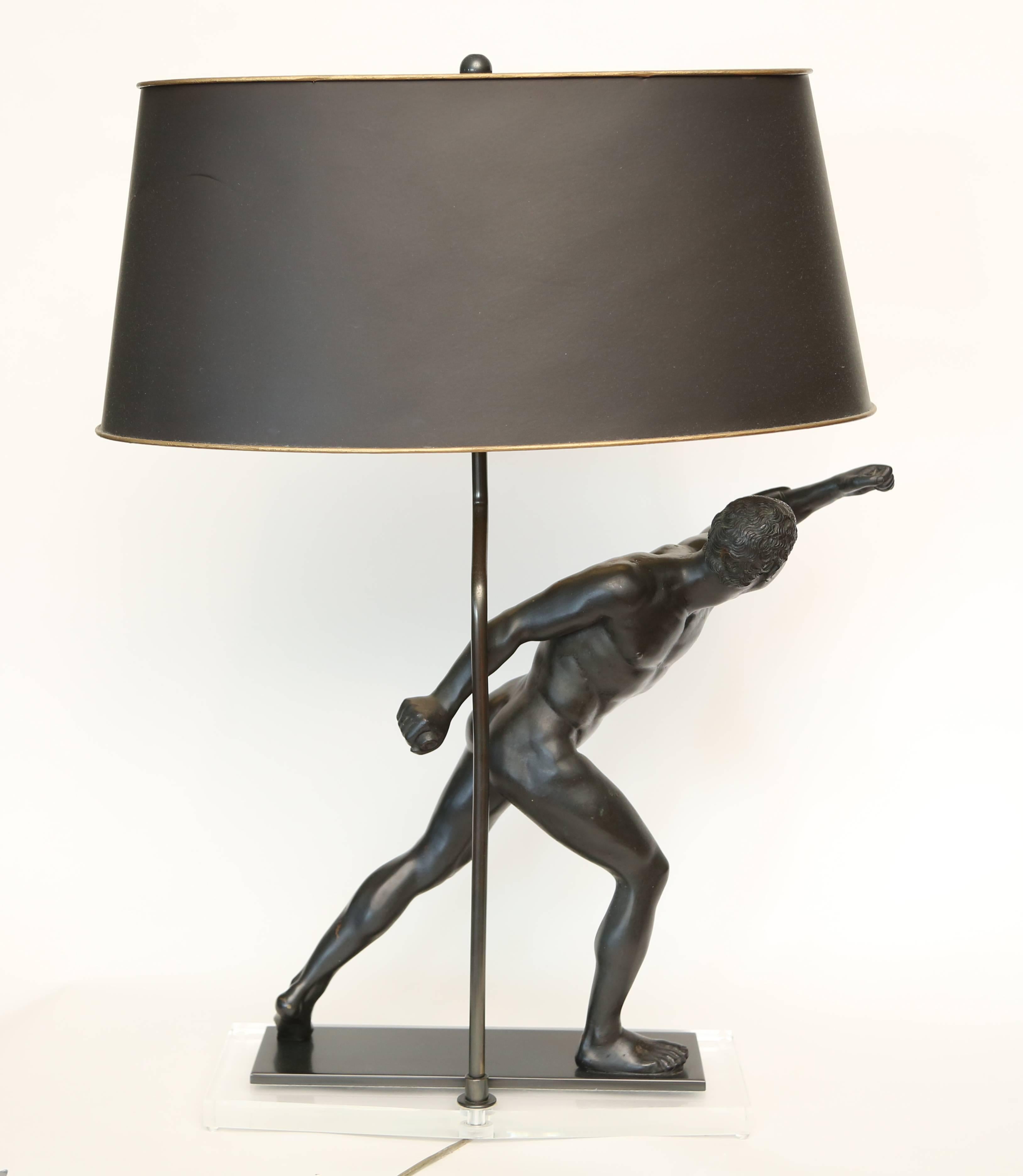 Bronzed Large Grand Tour Ancient Greek Athlete Sculpture Table Lamp