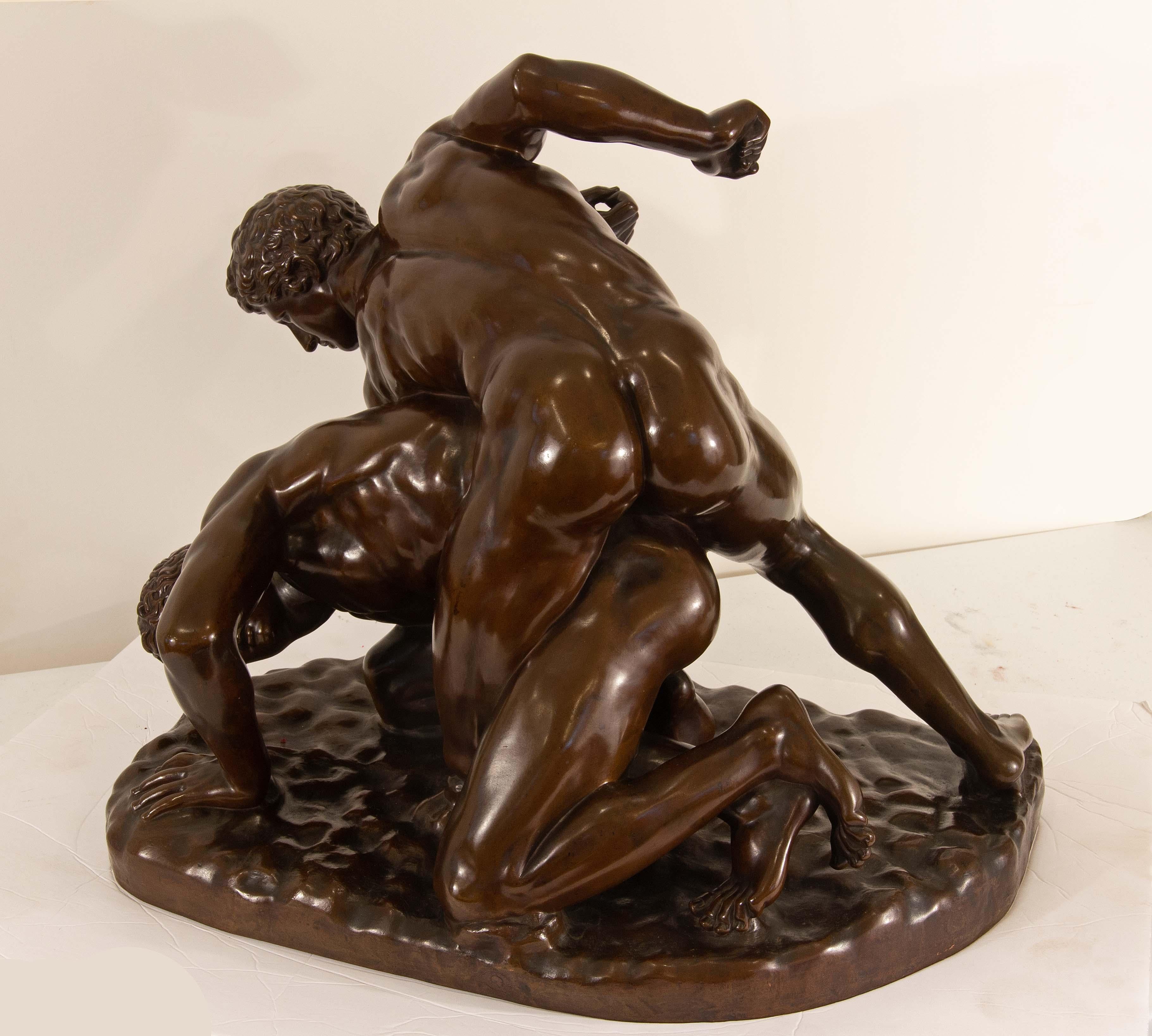 XIXe siècle Grande sculpture Grand Tour en bronze - Lutteurs gréco-romains d'Uffizi  Barbedienne en vente