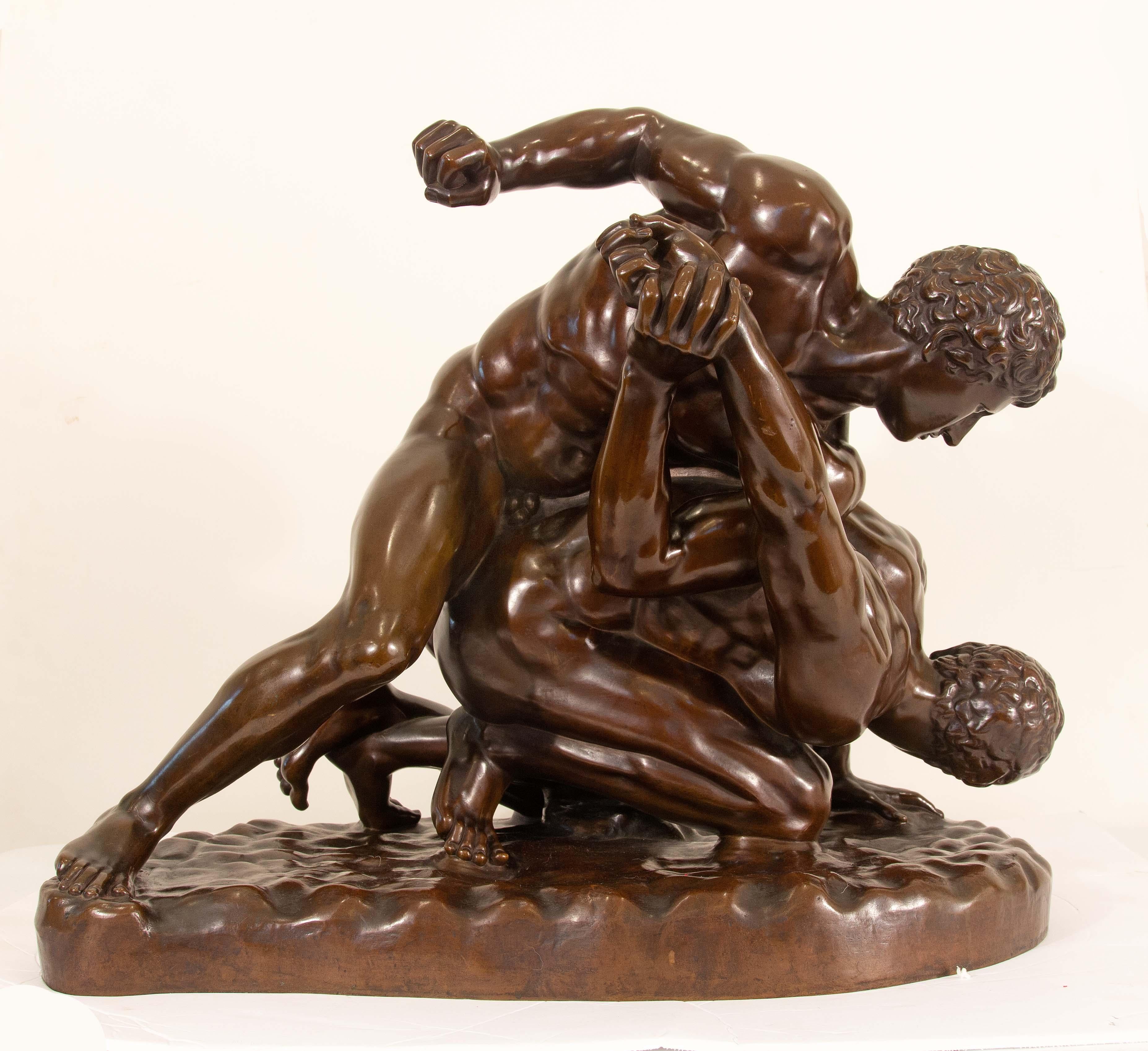 Patinated Large Grand Tour Sculpture Bronze Greco-Roman Uffizi Wrestlers  Barbedienne For Sale