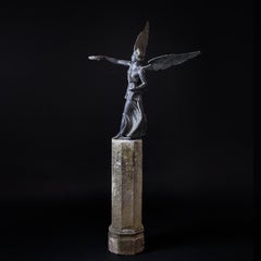 Large Grand Tour Nike or Goddess Victory in Bronze on Carved Stone Column