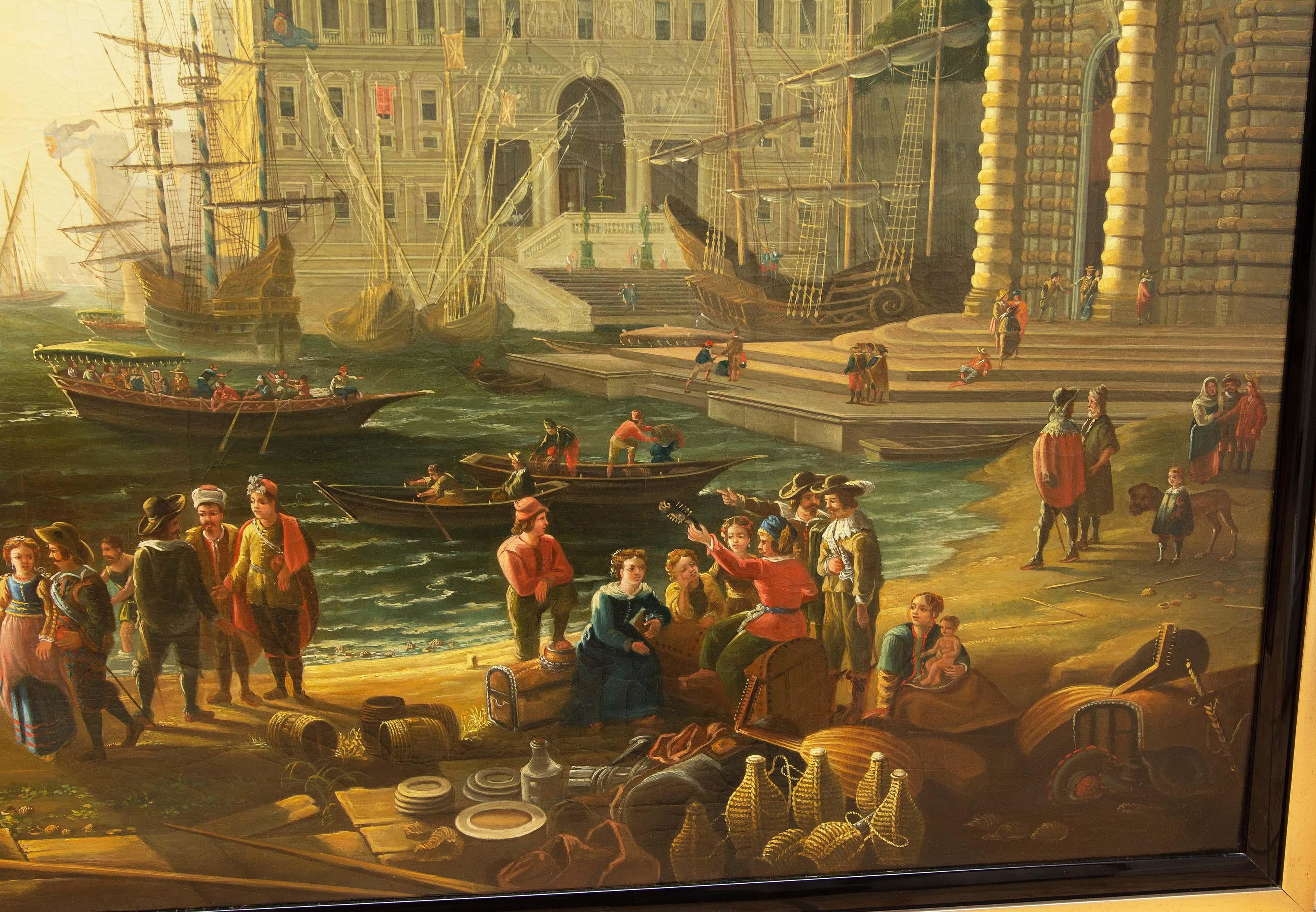 Hand-Painted Large Grand Tour Painting after Claude Lorraine Port Scene with Villa Medici