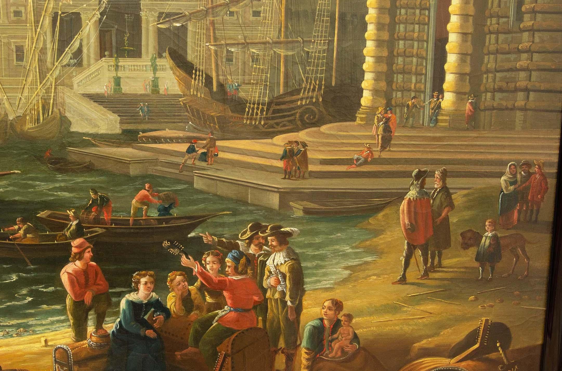 Large Grand Tour Painting after Claude Lorraine Port Scene with Villa Medici In Good Condition In Rochester, NY