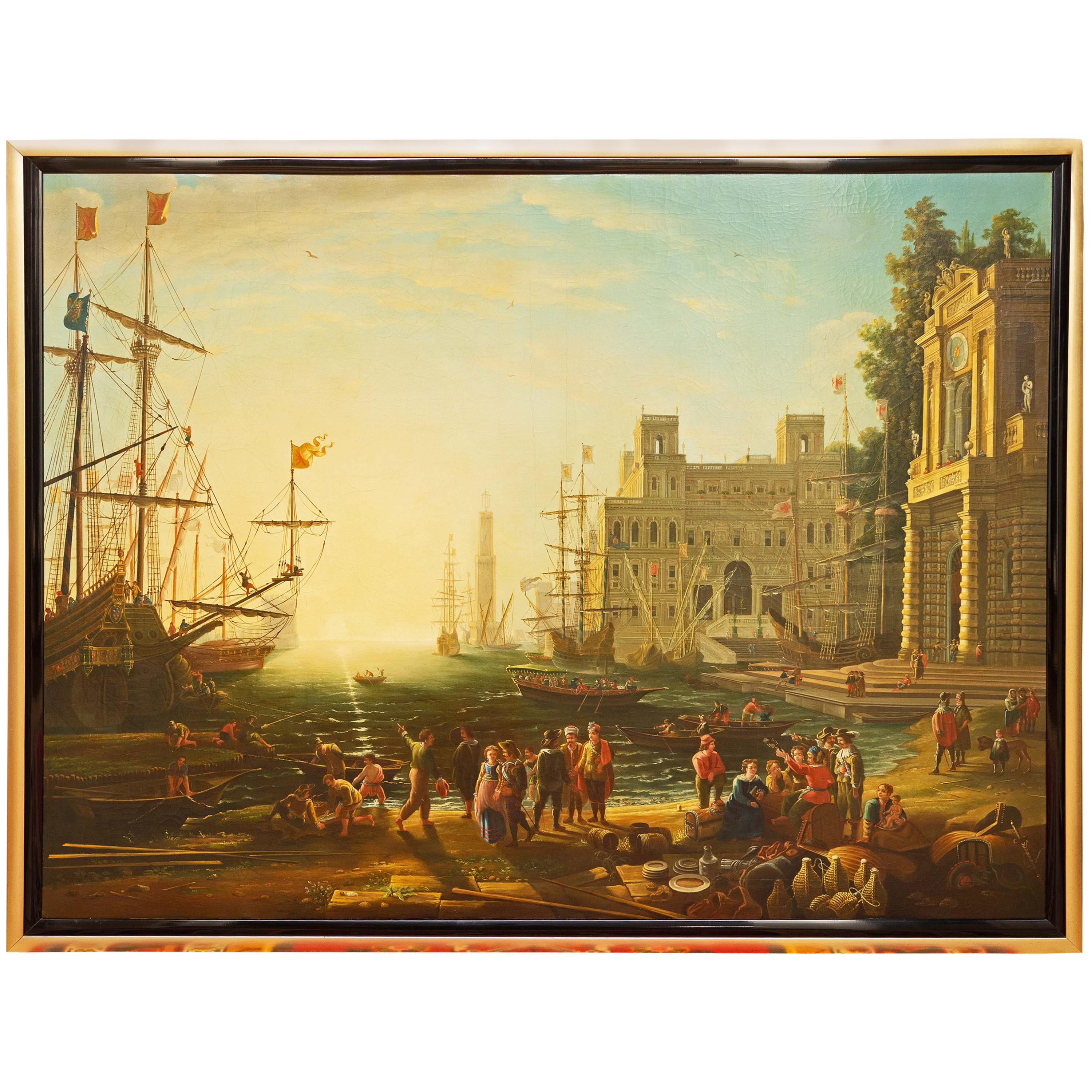 Large Grand Tour Painting after Claude Lorraine Port Scene with Villa Medici