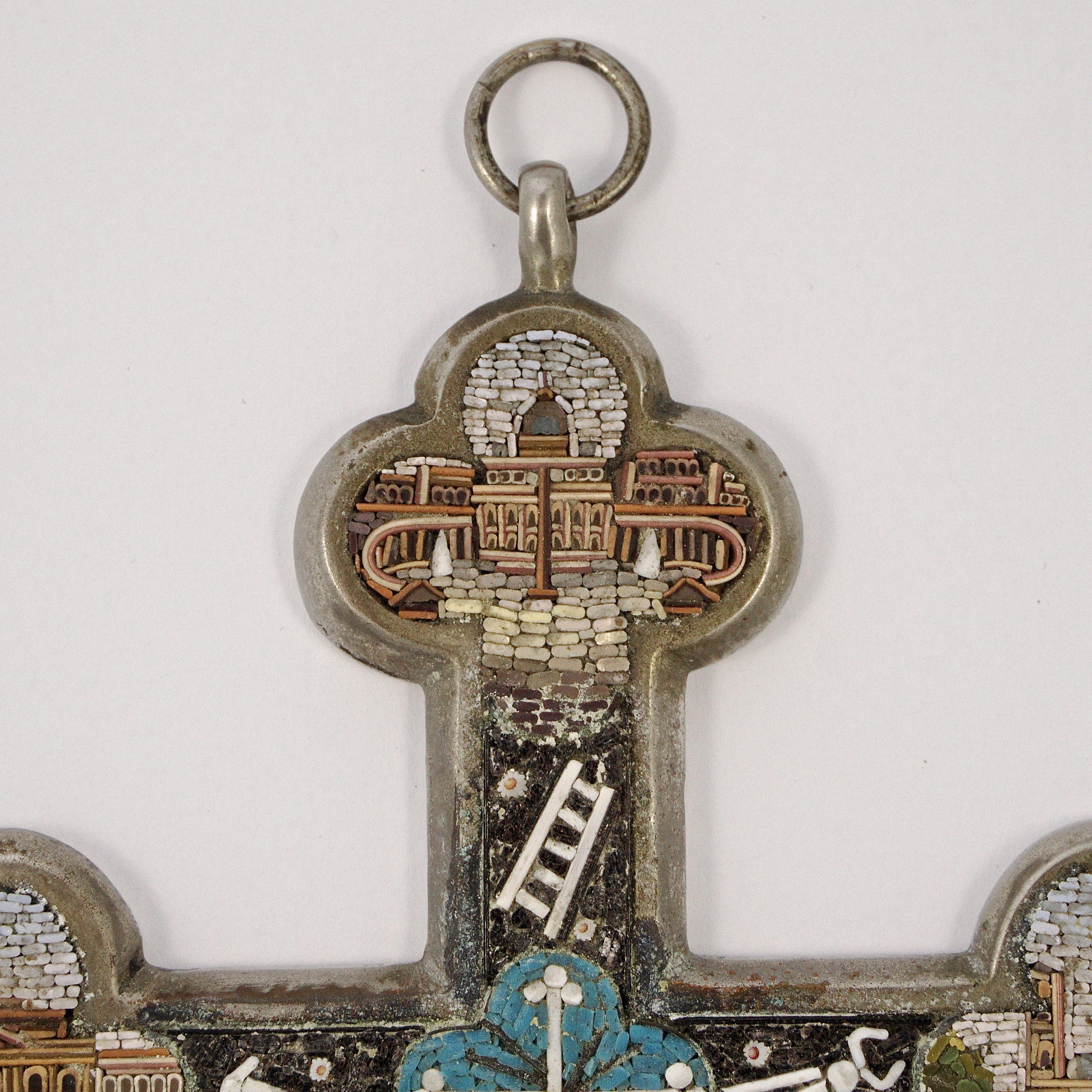 Fabulous large Grand Tour wall hanging silver tone crucifix, set with micro mosaics depicting iconic scenes of Rome. The detailed body of Christ is done in gold tone metal, and the reverse is shiny silver tone. Measuring length 17.5cm / 6.88 inches