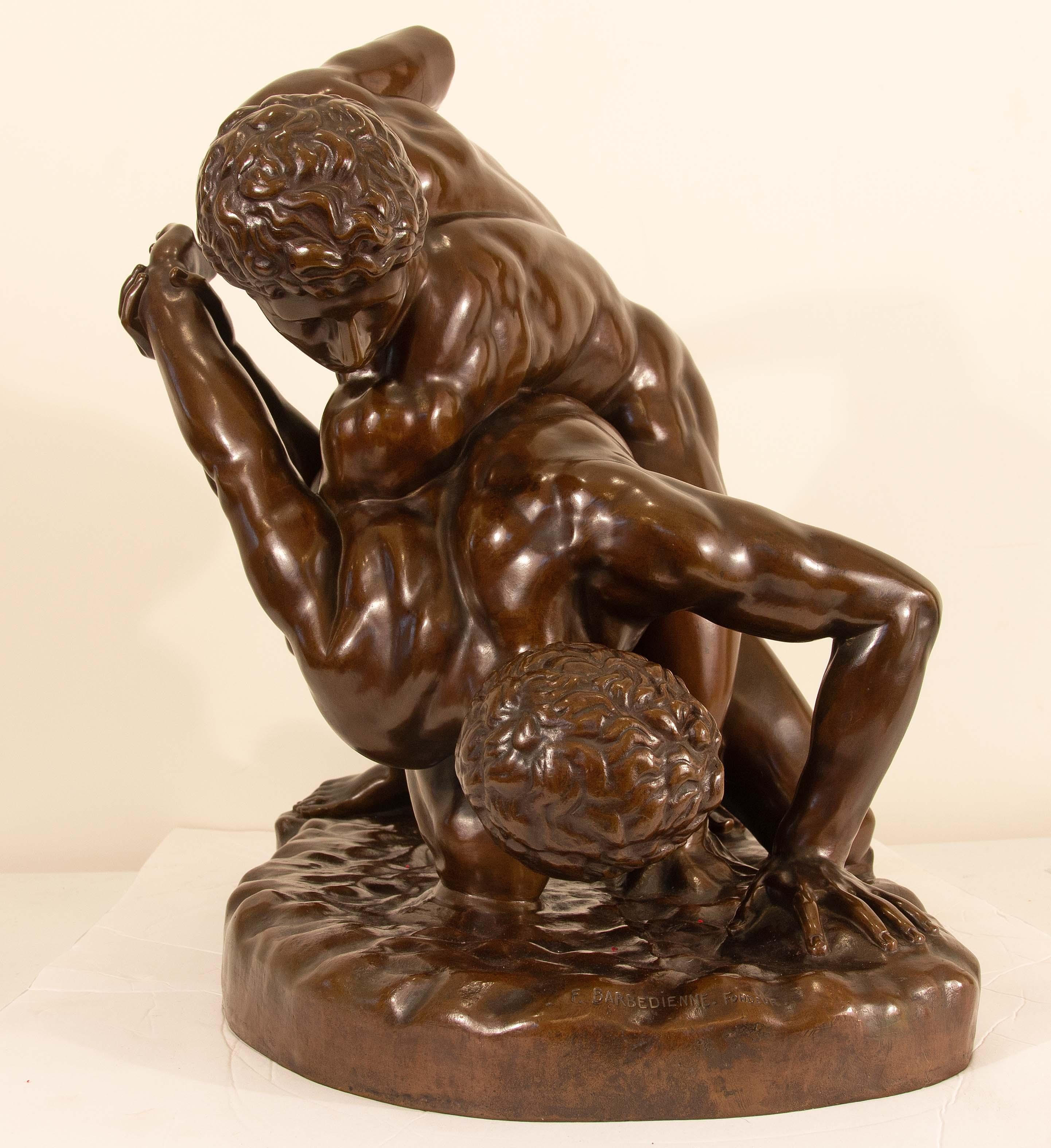 19th Century Large Grand Tour Sculpture Bronze Greco-Roman Uffizi Wrestlers Barbedienne For Sale