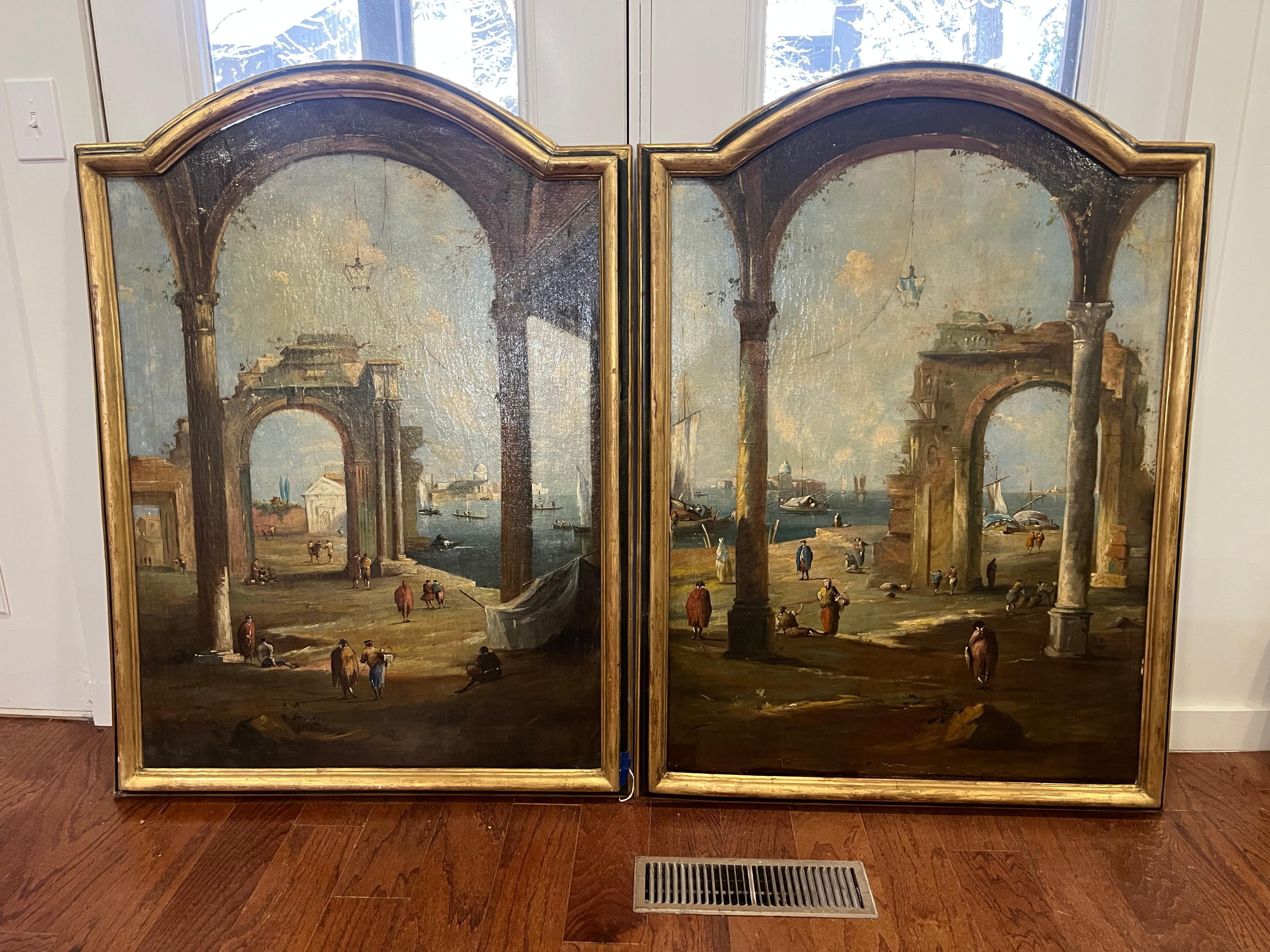 Conjunto de grandes ruinas del Capriccio veneciano y escenas del canal según Guardi Grand Tour en venta