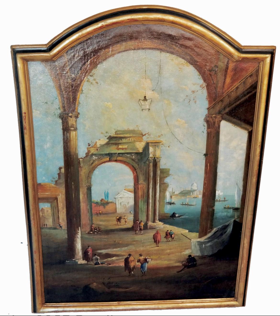 Conjunto de grandes ruinas del Capriccio veneciano y escenas del canal según Guardi Italiano en venta