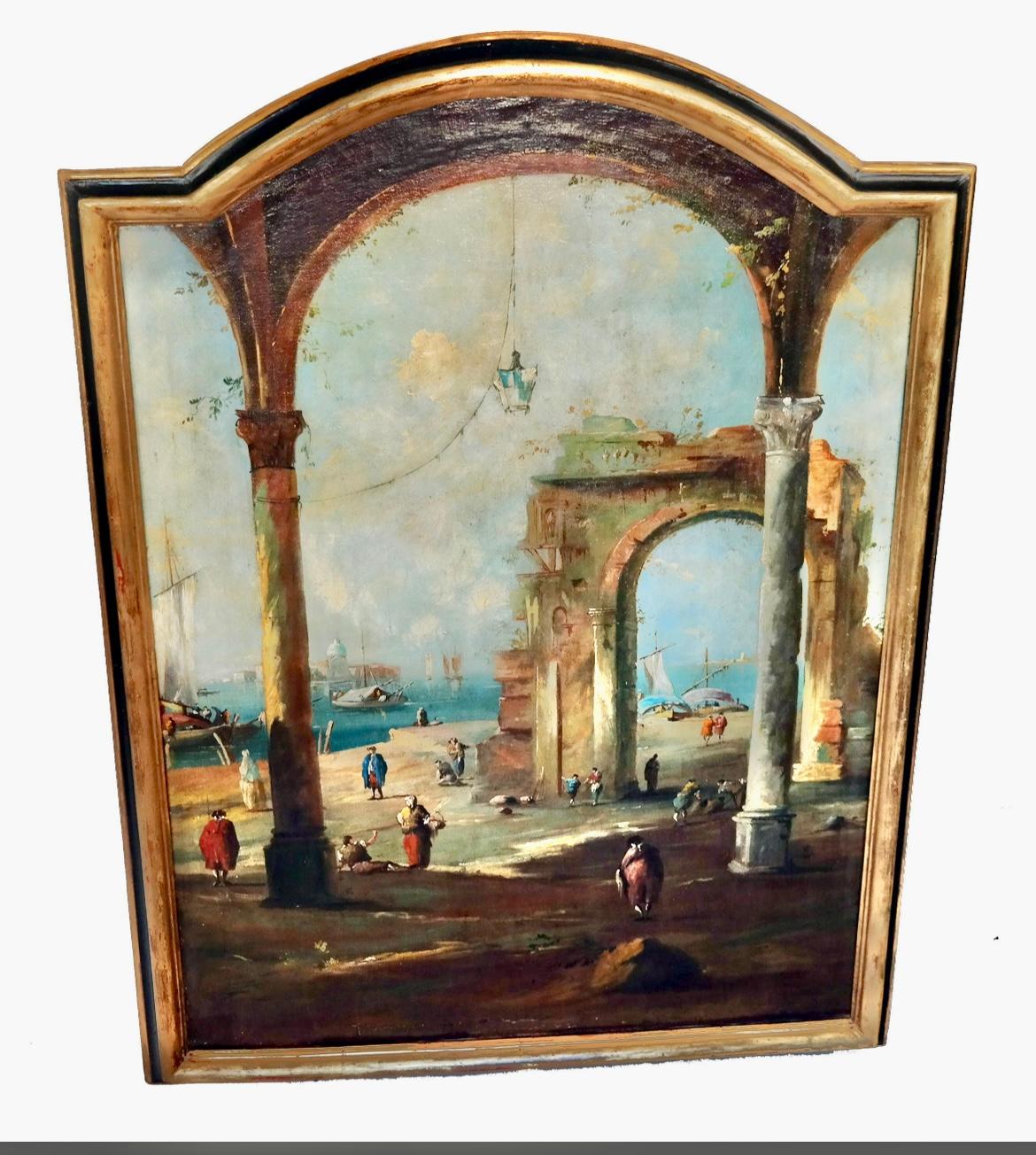 Conjunto de grandes ruinas del Capriccio veneciano y escenas del canal según Guardi Pintado en venta