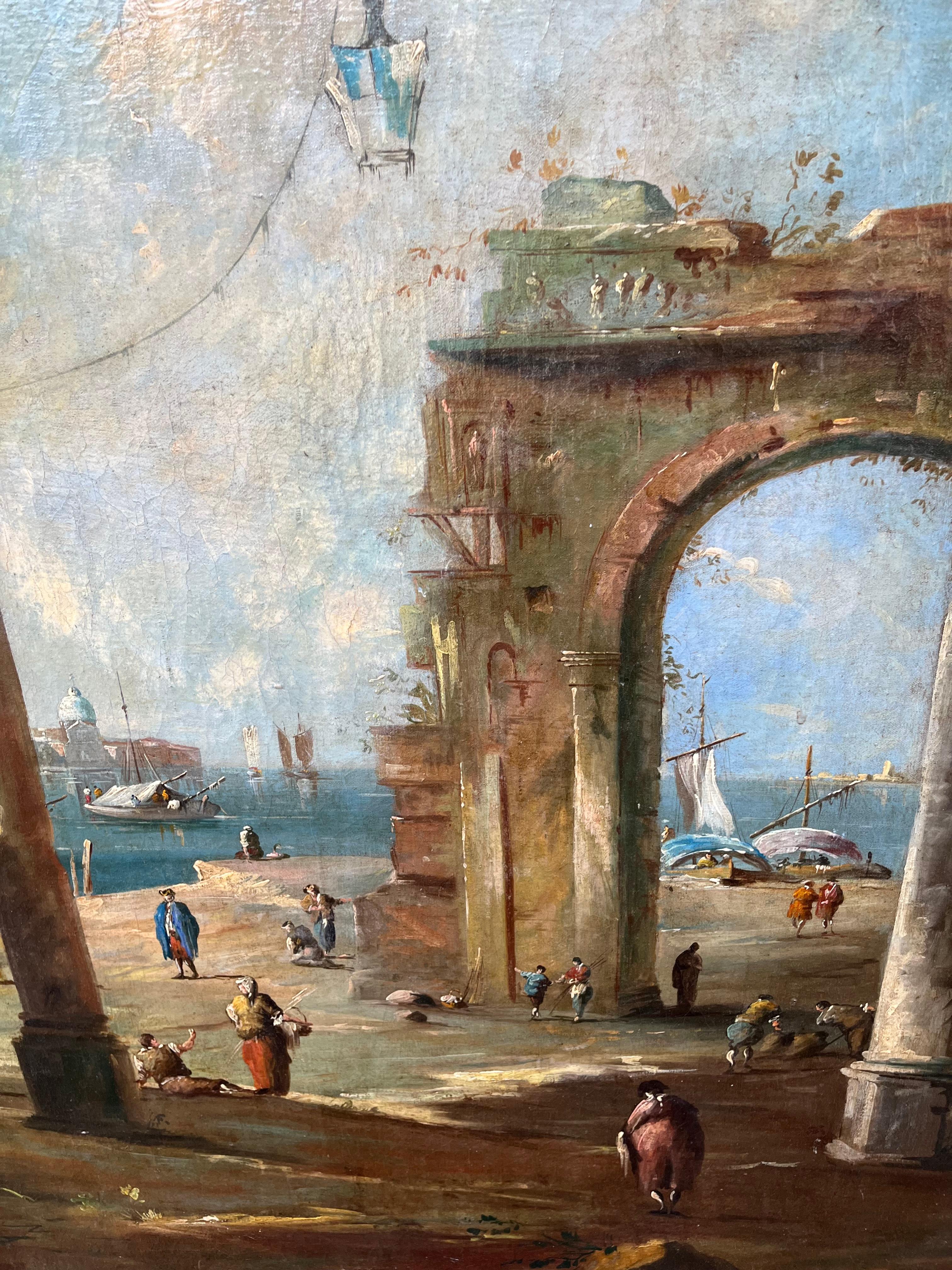 Conjunto de grandes ruinas del Capriccio veneciano y escenas del canal según Guardi Lienzo en venta