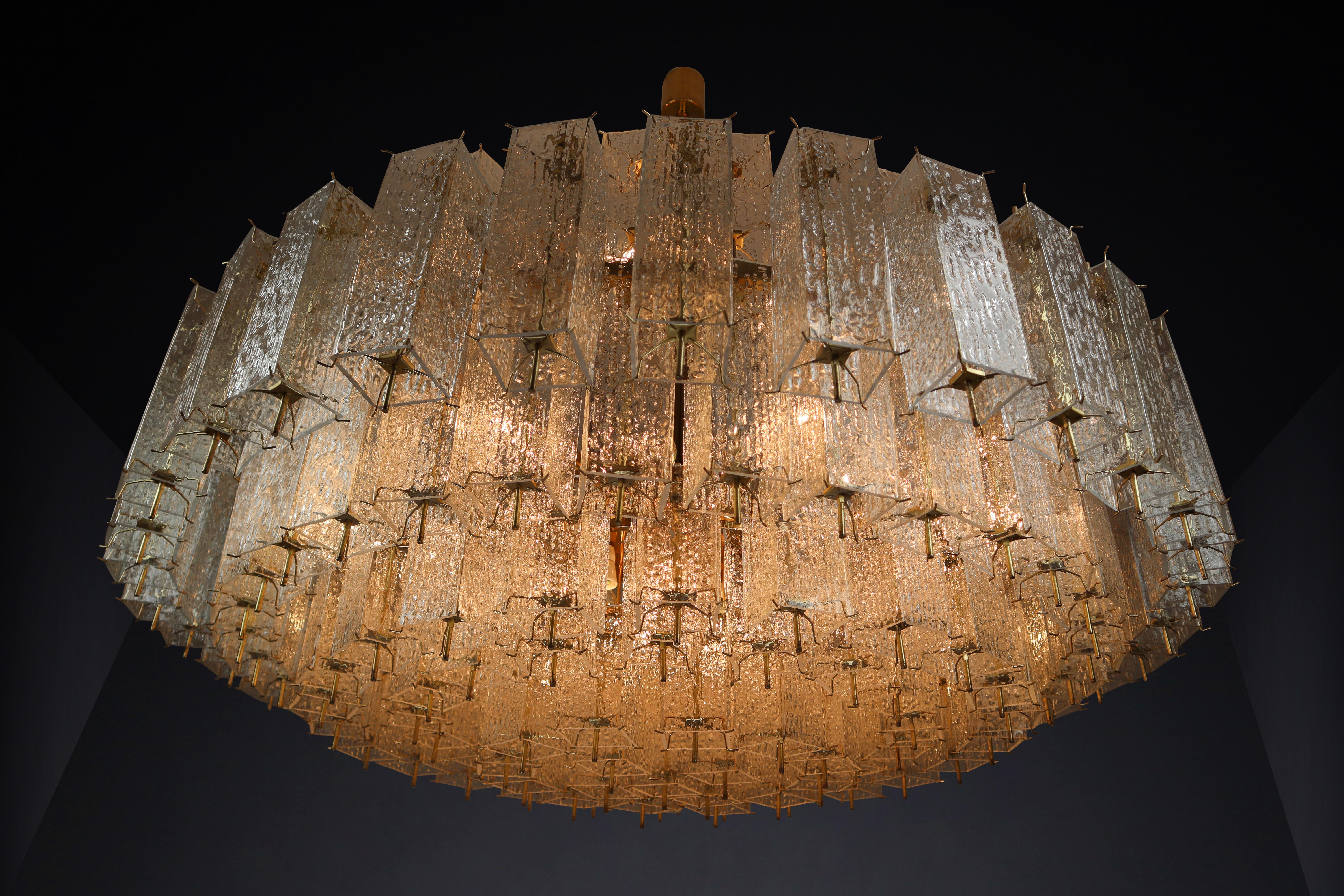 Large Grande Brass Chandeliers in Structured Glass, Praque, 1960s 4