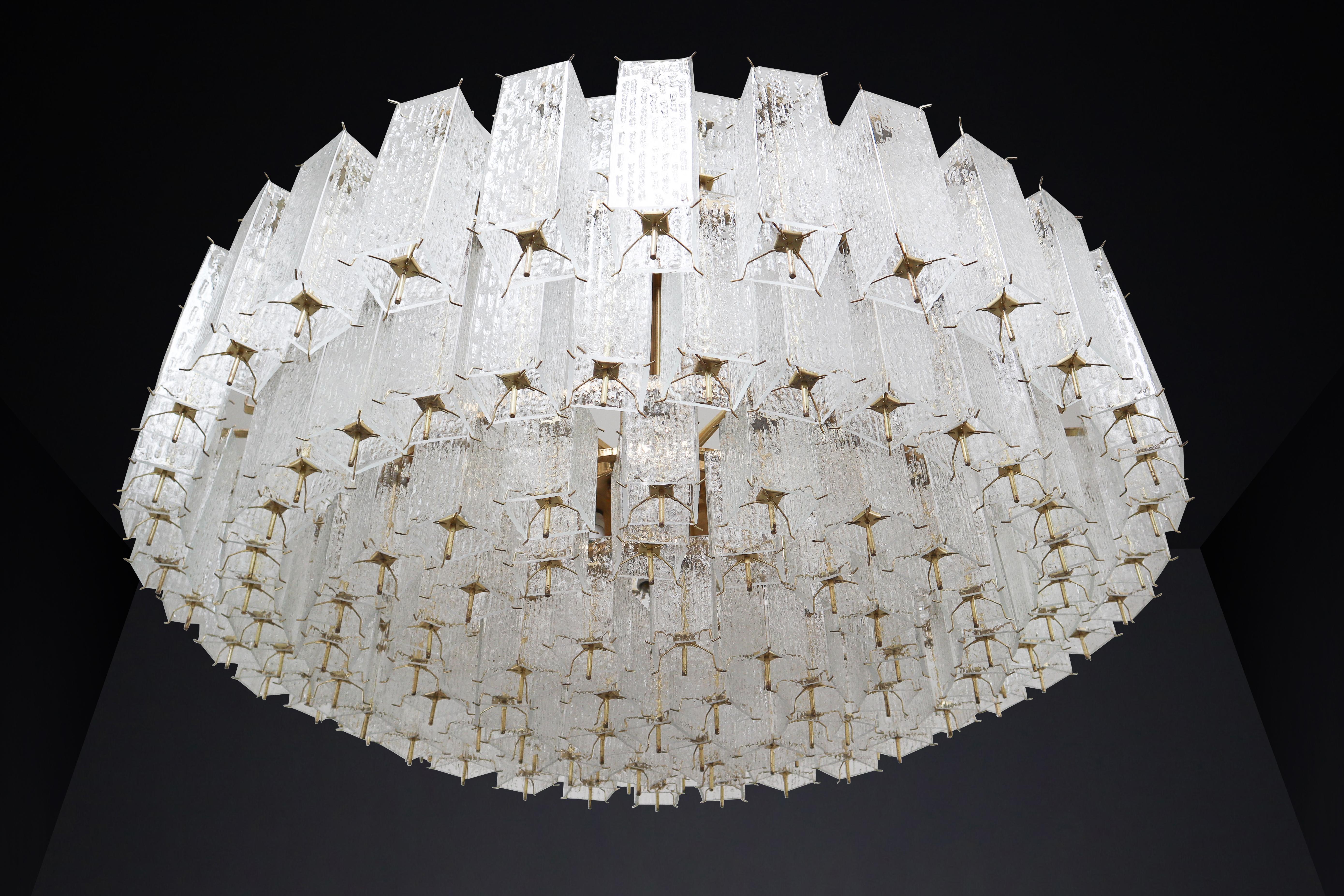 Large Grande Brass Chandeliers in Structured Glass, Praque, 1960s 6