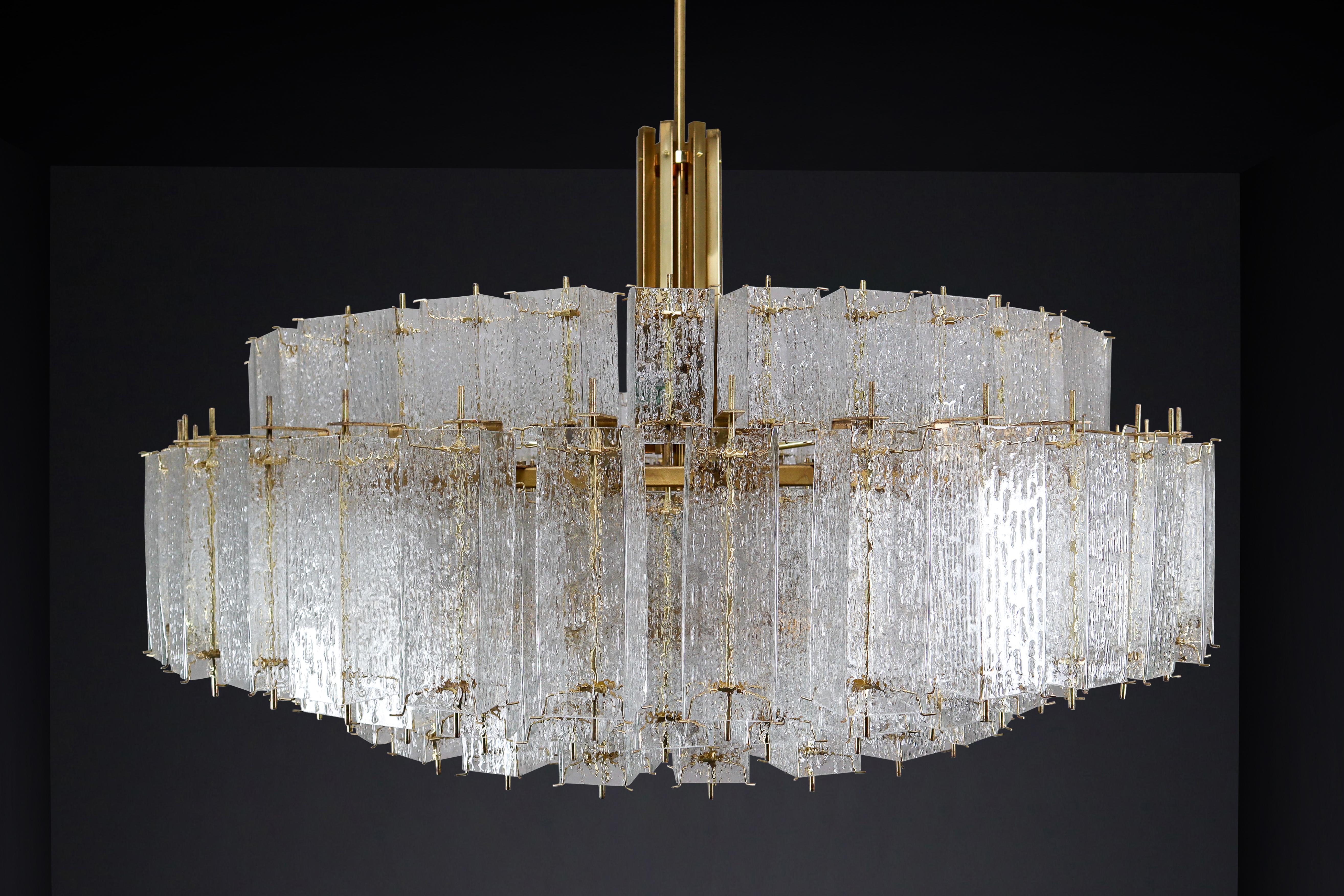 Large Grande Brass Chandeliers in Structured Glass, Praque, 1960s 7