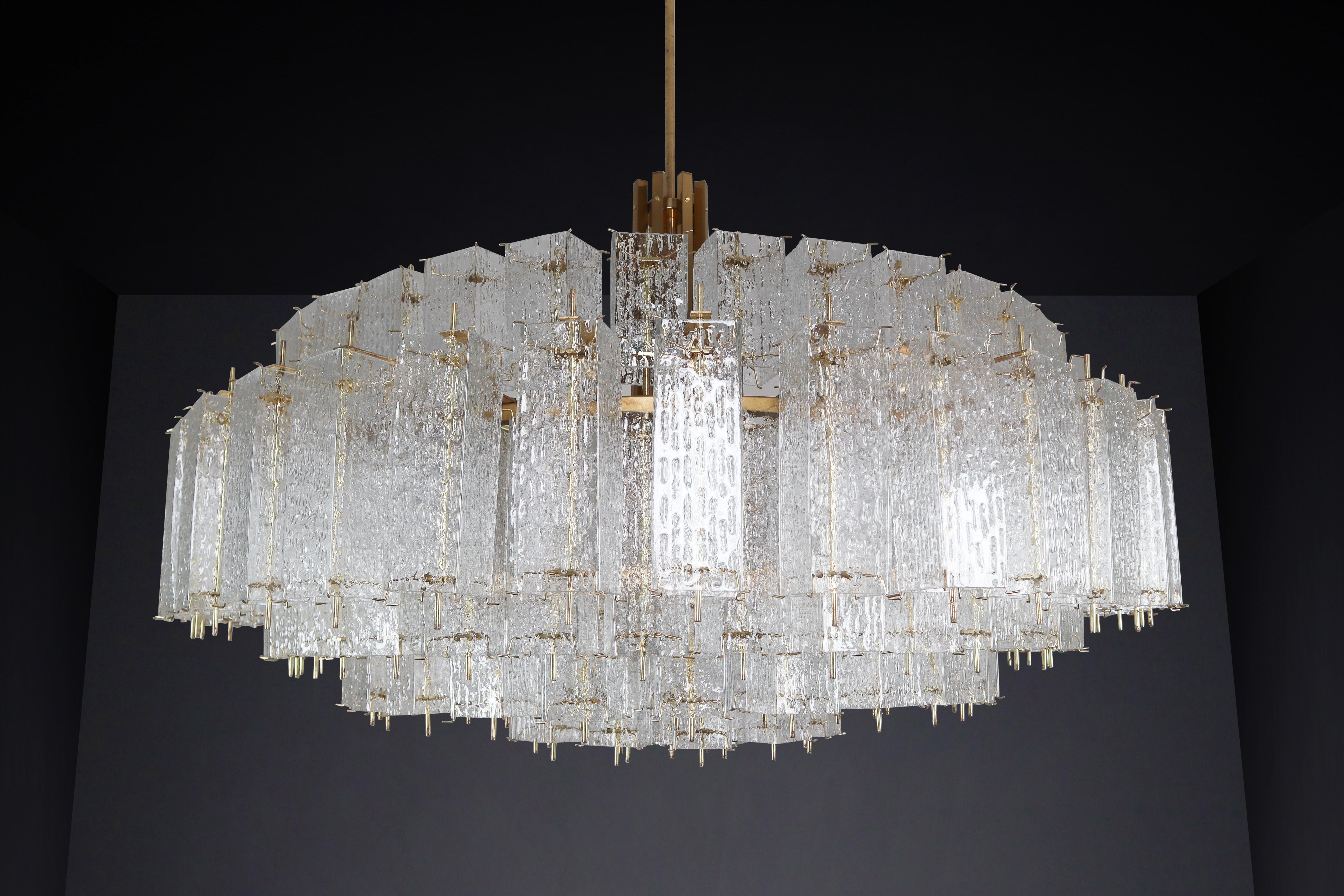 Large Grande Brass Chandeliers in Structured Glass, Praque, 1960s 8