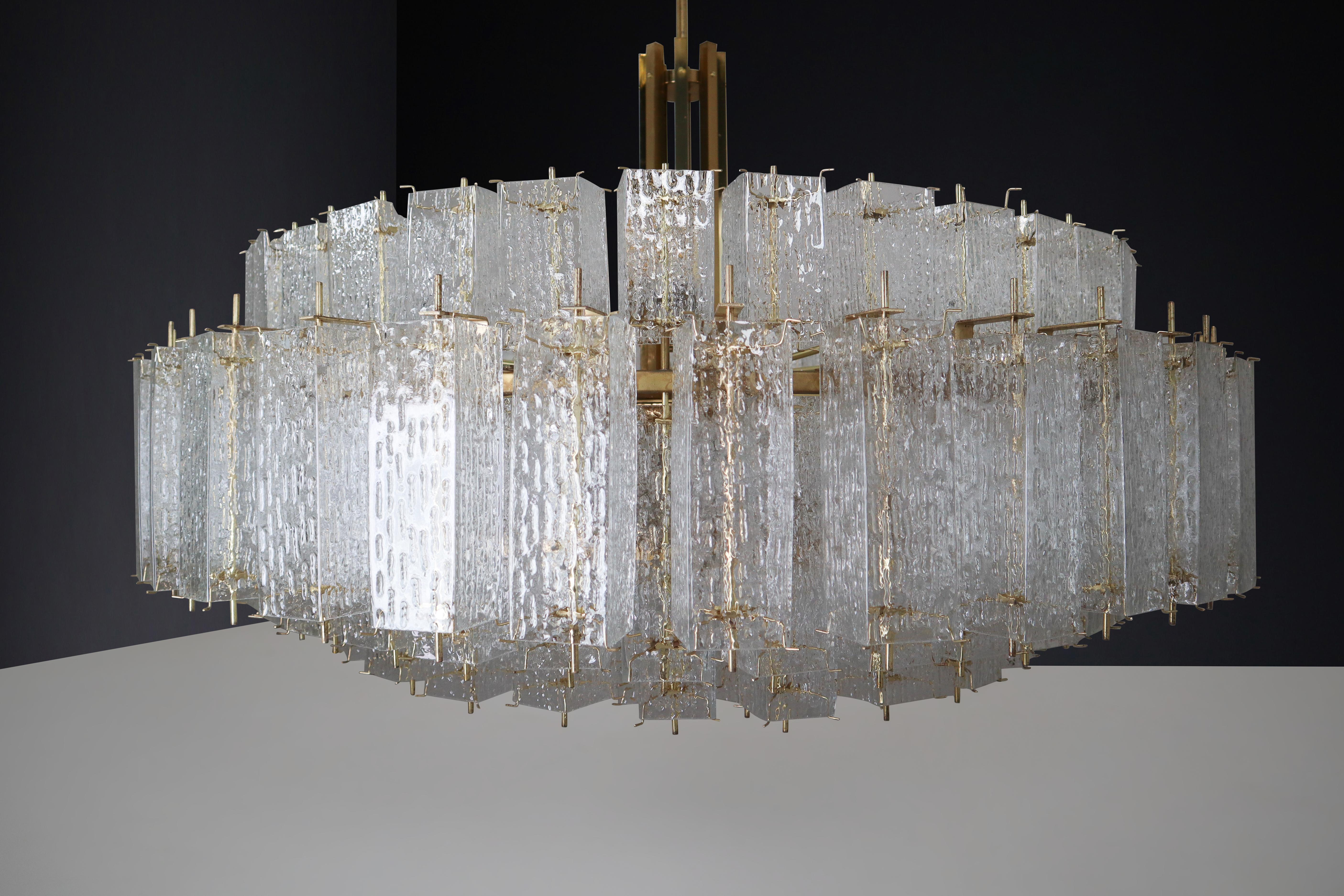Large Grande Brass Chandeliers in Structured Glass, Praque, 1960s 9