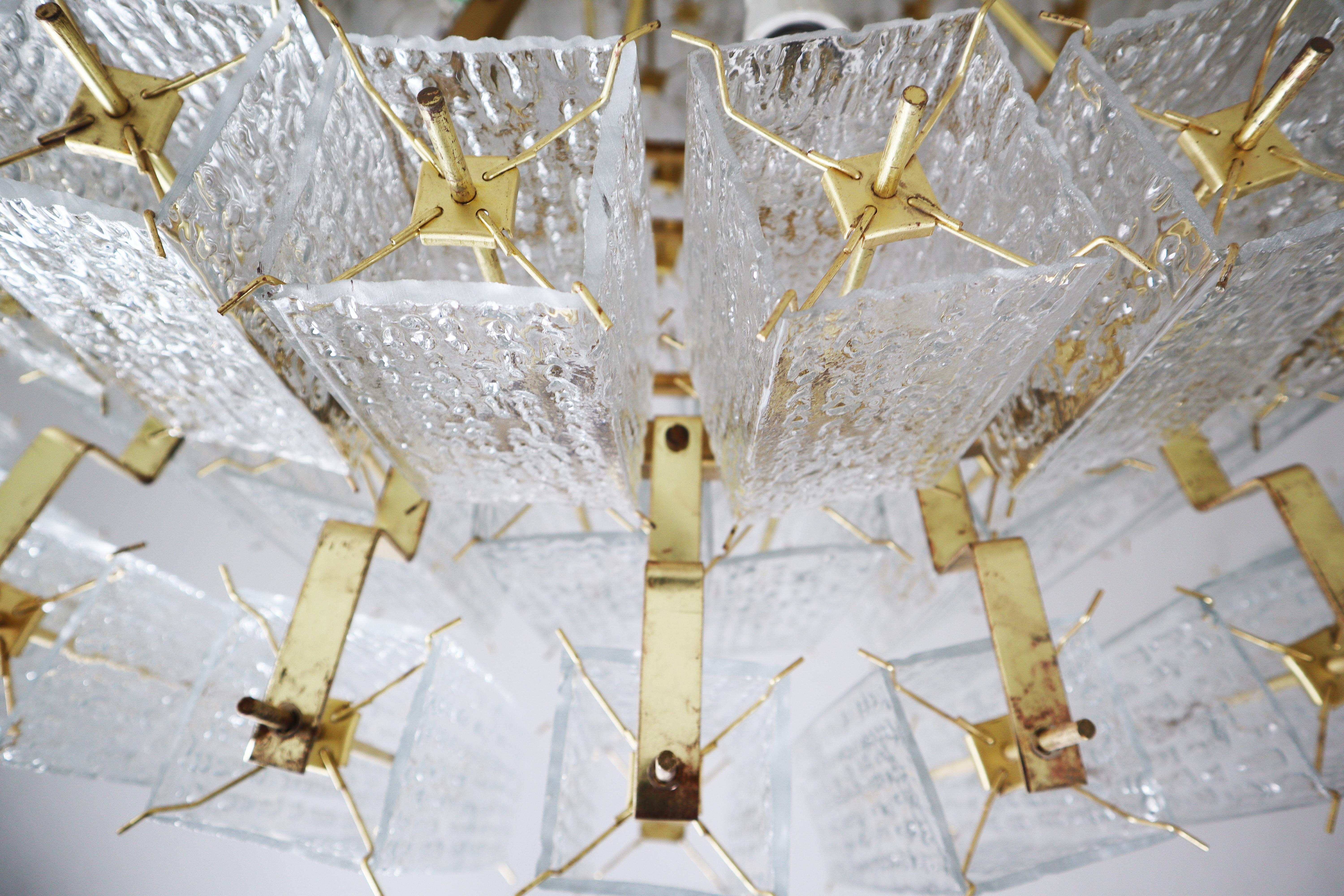 Large Grande Brass Chandeliers in Structured Glass, Praque, 1960s 10