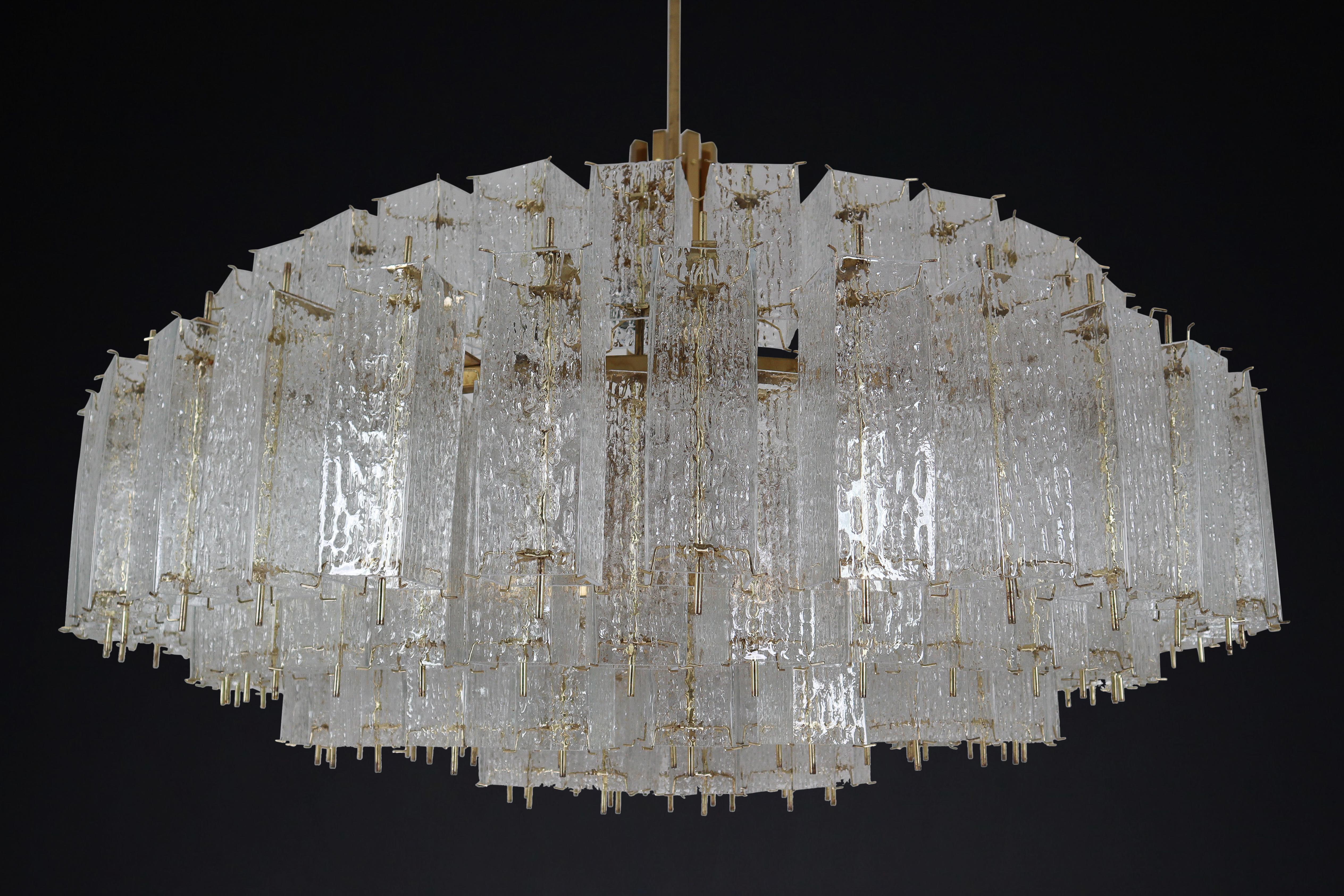 Czech Large Grande Brass Chandeliers in Structured Glass, Praque, 1960s