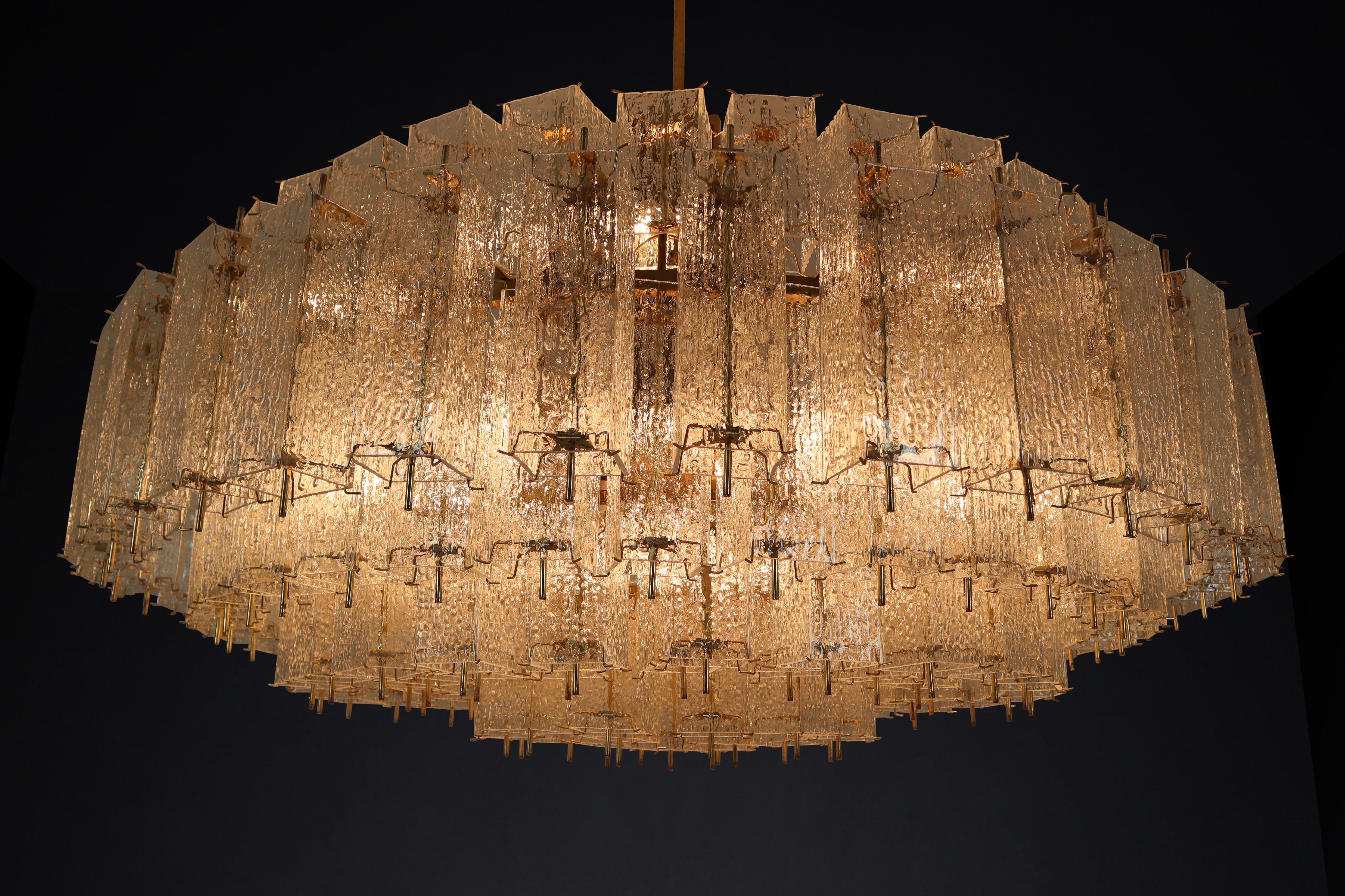 Large Grande Brass Chandeliers in Structured Glass, Praque, 1960s In Good Condition In Almelo, NL