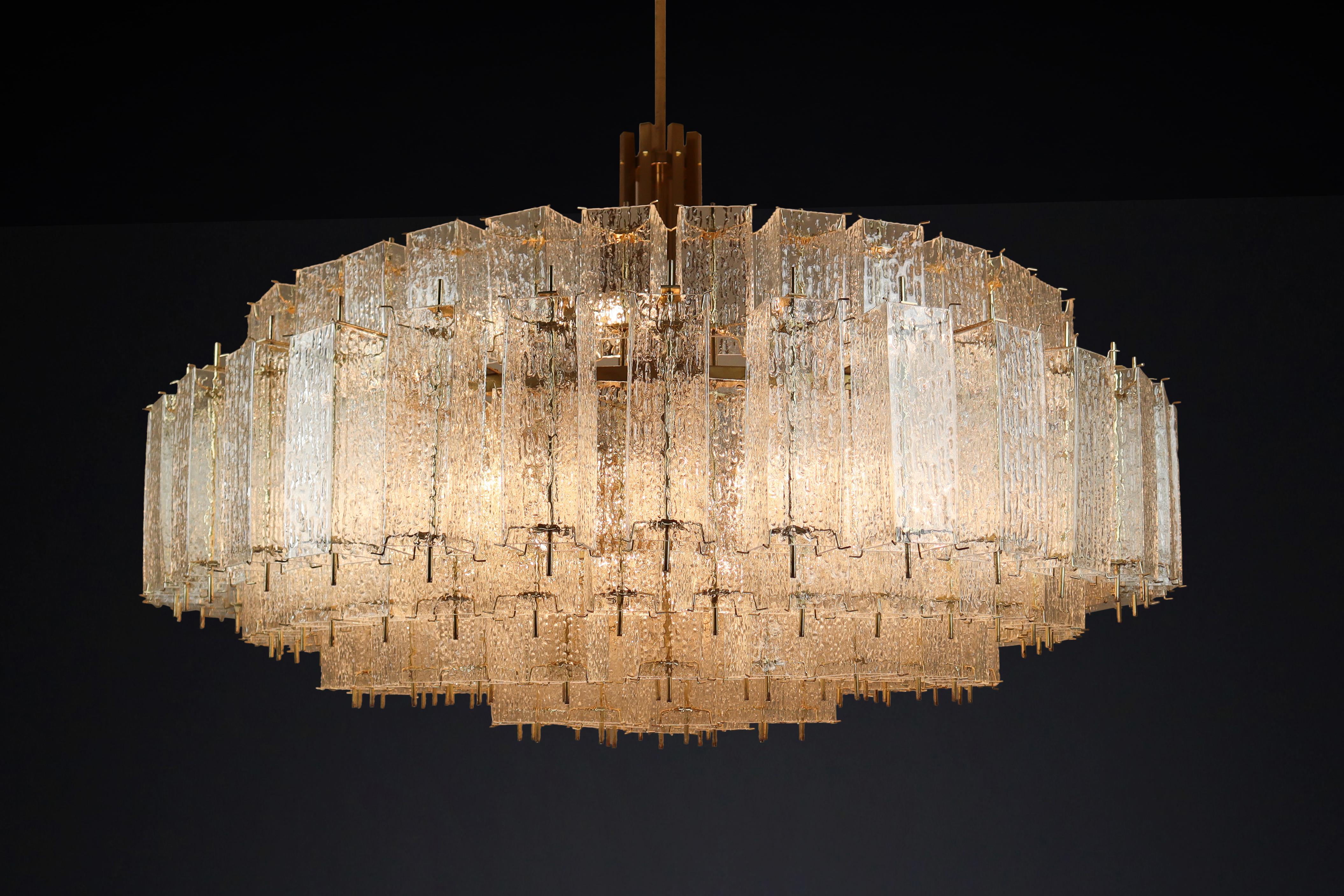 20th Century Large Grande Brass Chandeliers in Structured Glass, Praque, 1960s