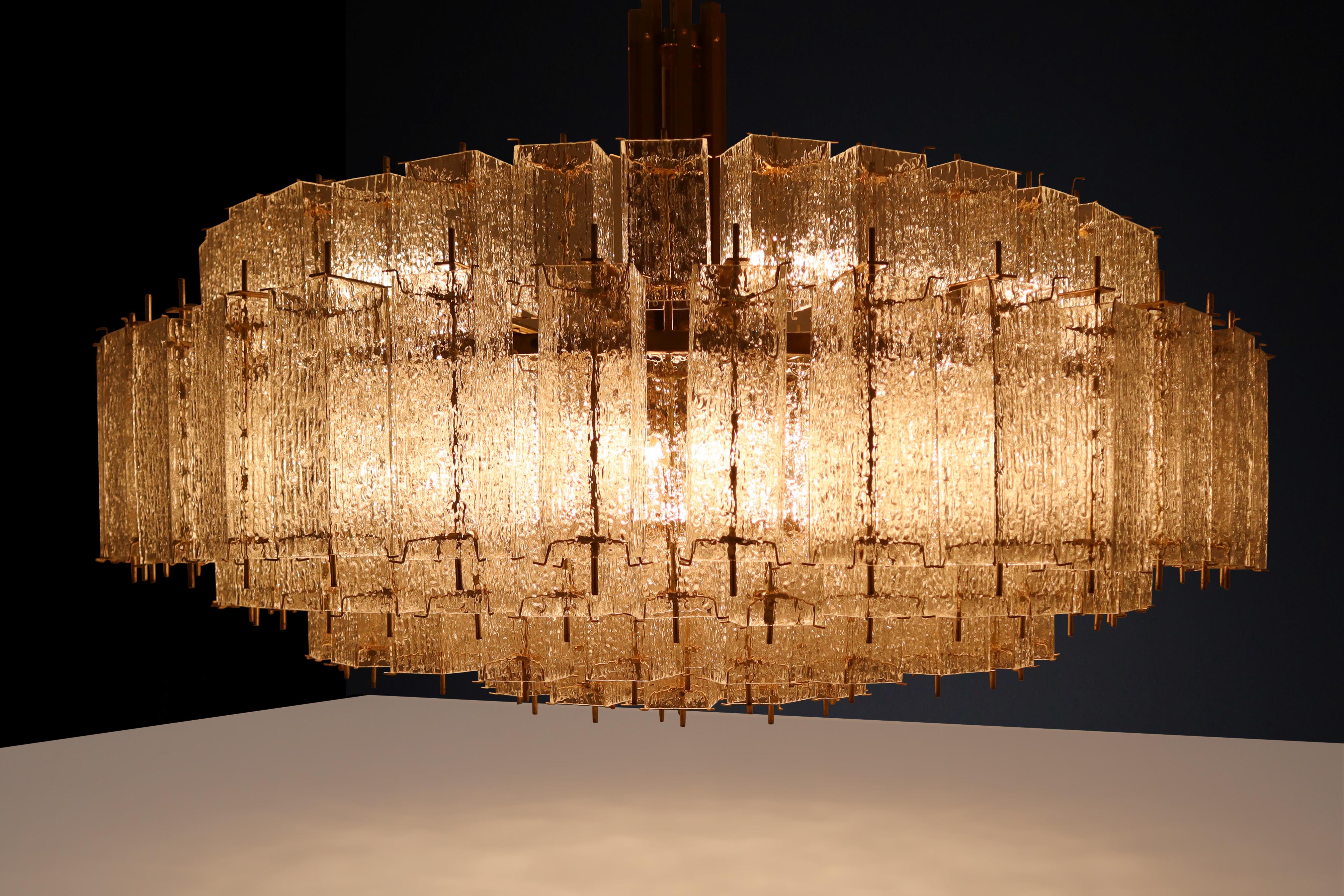 Large Grande Brass Chandeliers in Structured Glass, Praque, 1960s 2