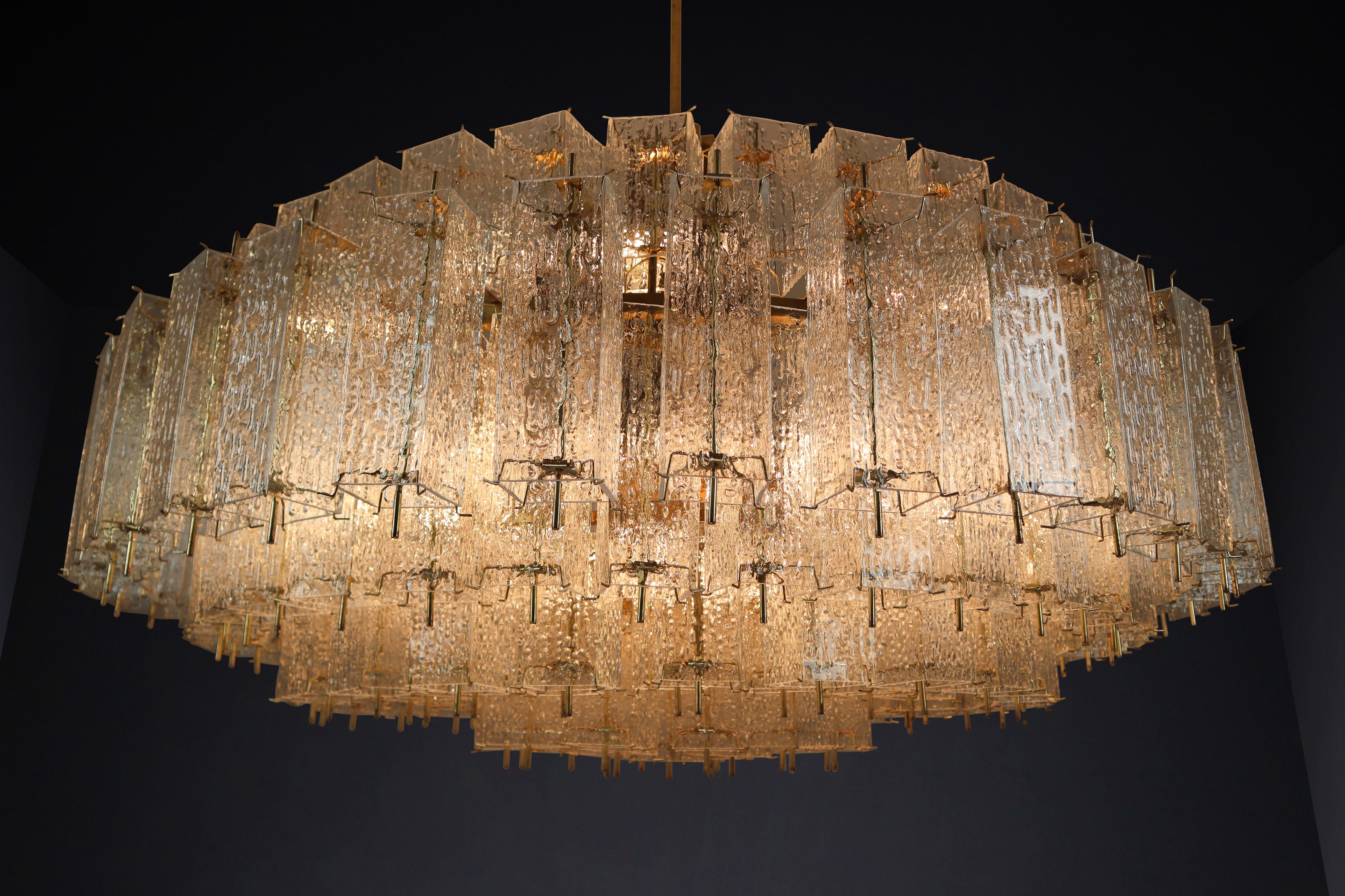 Large Grande Brass Chandeliers in Structured Glass, Praque, 1960s 3