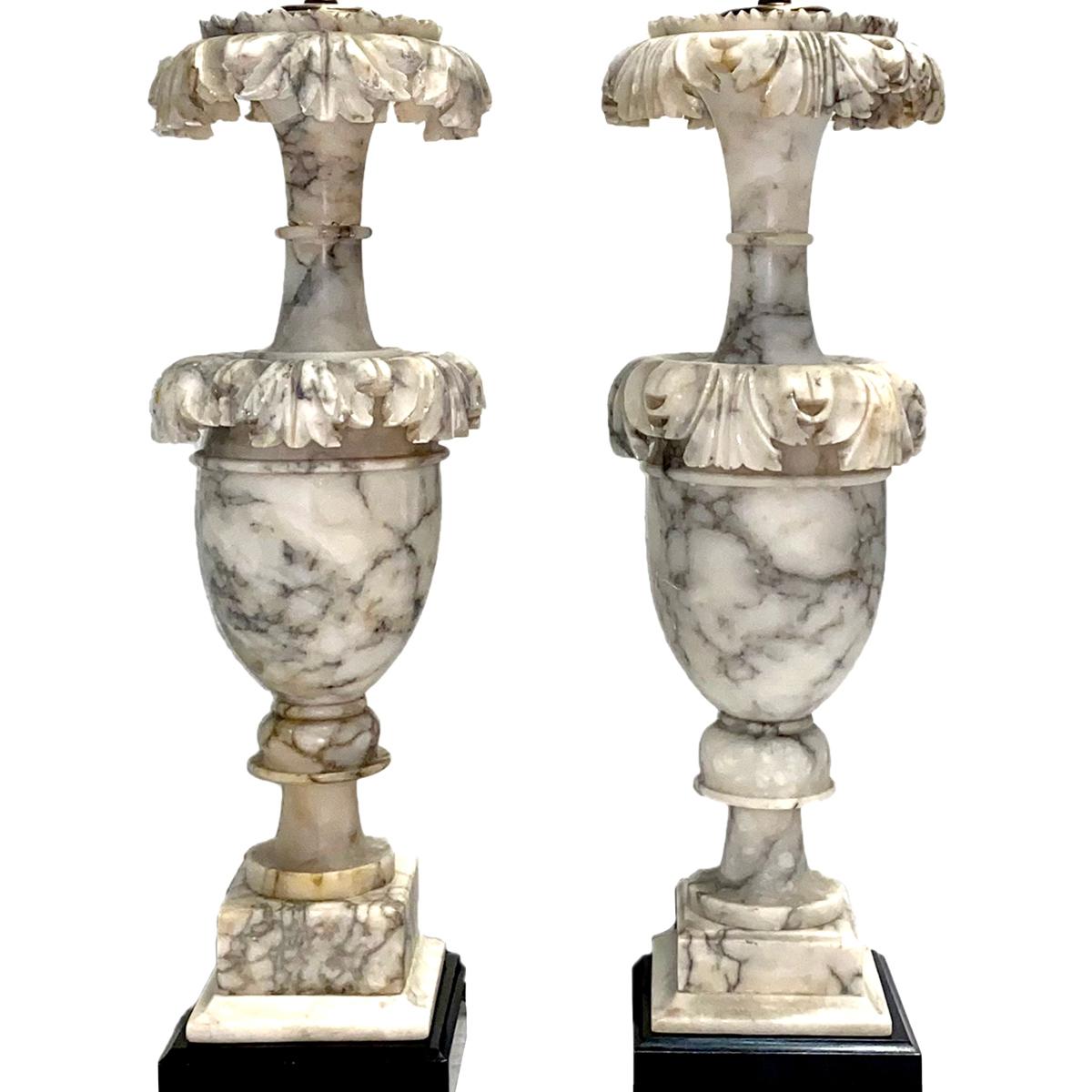 Hand-Carved Large Gray and White Alabaster Lamps For Sale