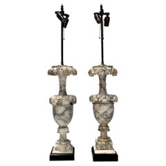 Antique Large Gray and White Alabaster Lamps