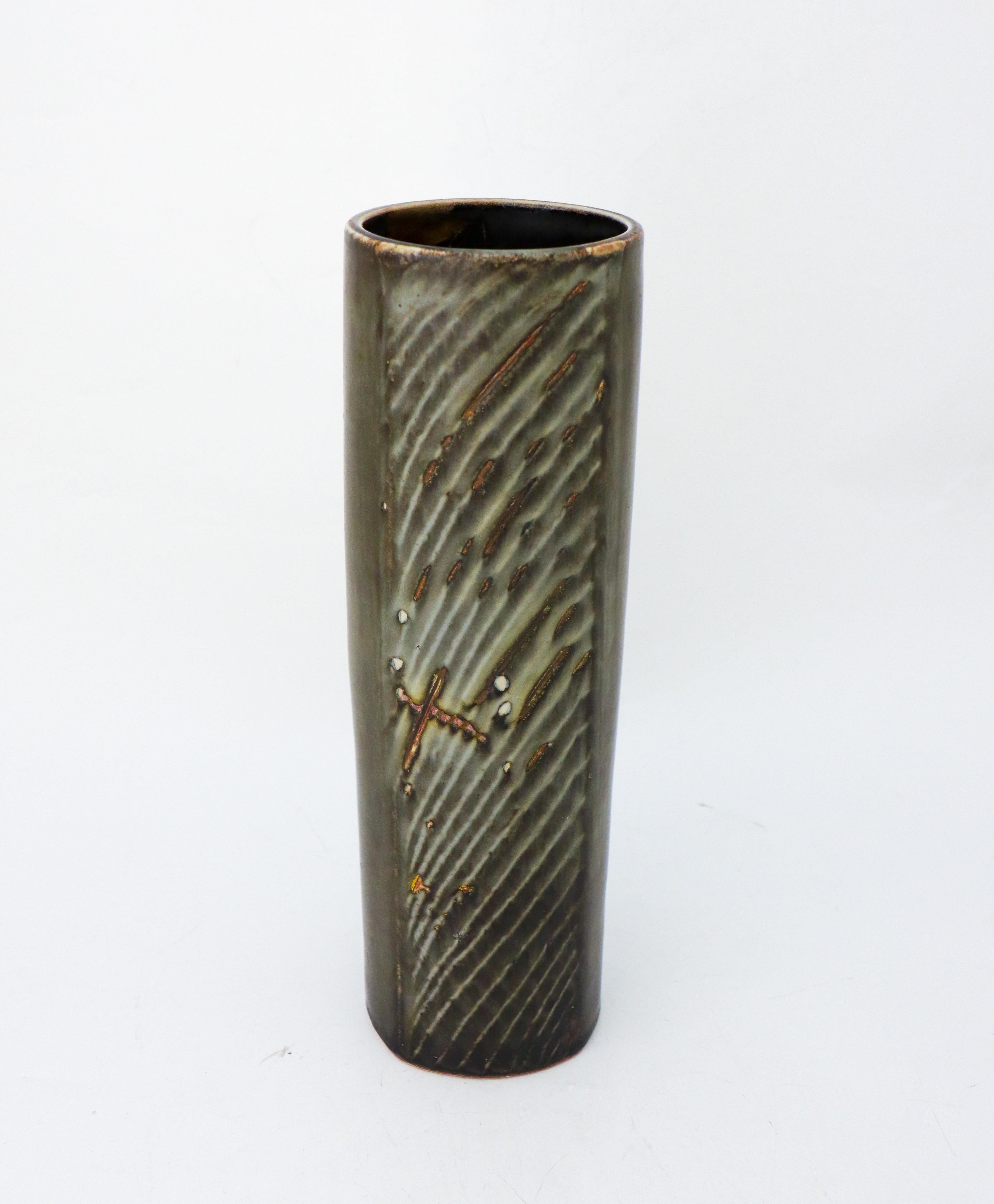 Große, graue zylindrische Vase - Carl-Harry Stålhane Rörstrand Atelier Scandinavian (Skandinavische Moderne) im Angebot