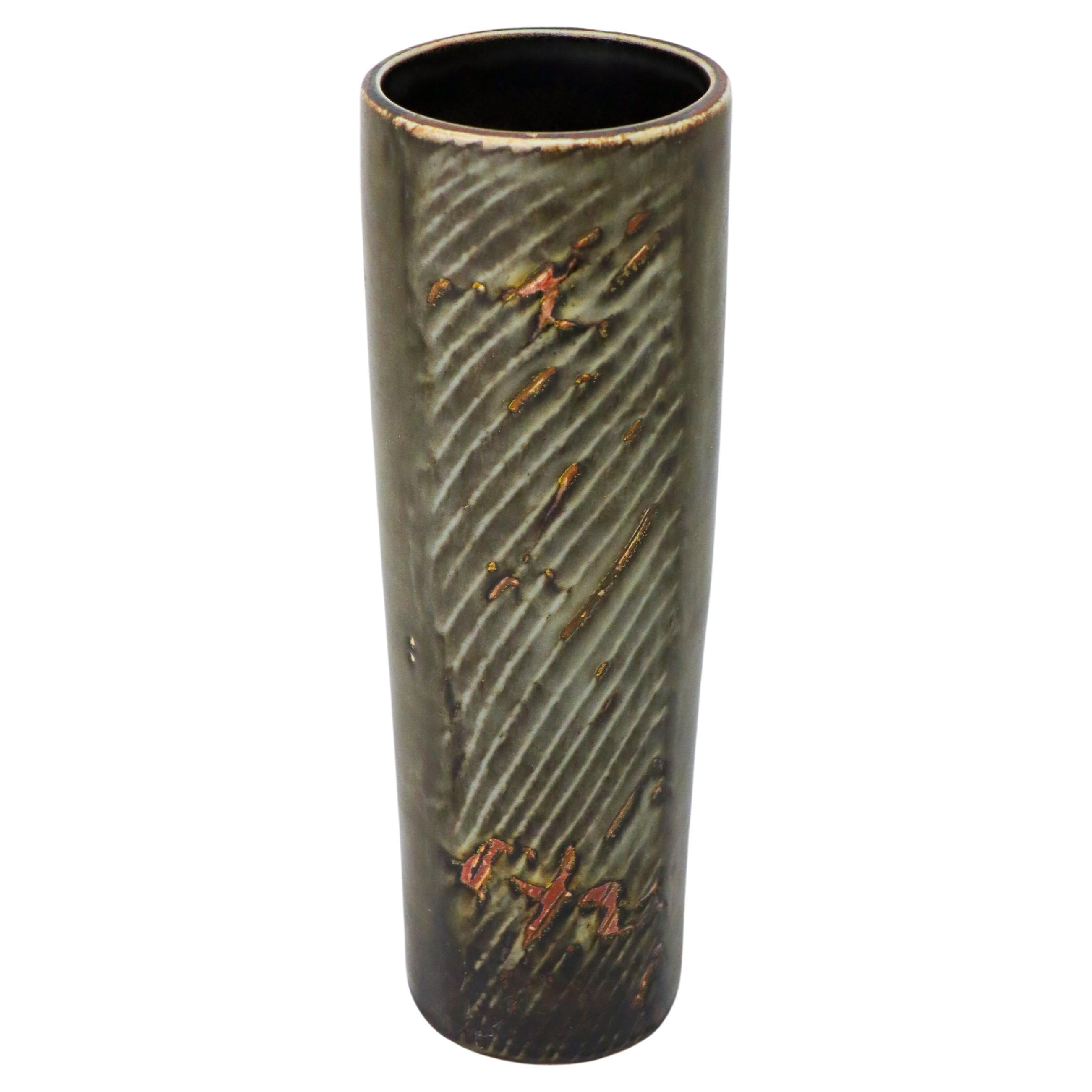 Large, Gray Cylindric Vase - Carl-Harry Stålhane Rörstrand Atelier Scandinavian For Sale