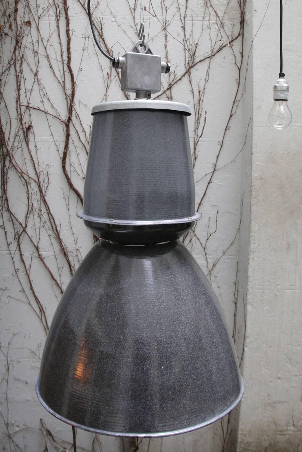 Czech Large Gray Enamel Vintage Industrial Pendant Hanging Lamps For Sale