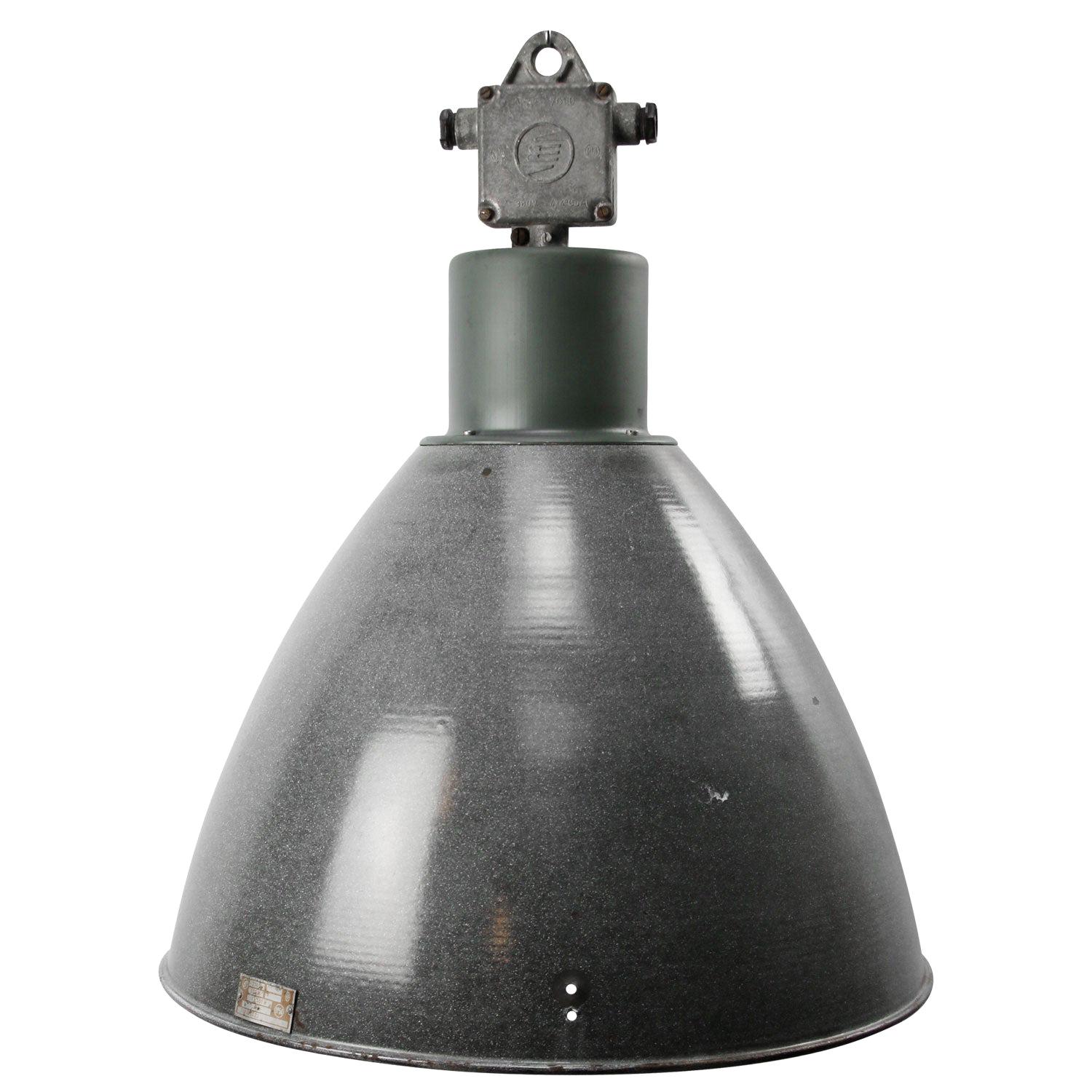 Grande lampe à suspension industrielle vintage en émail gris
