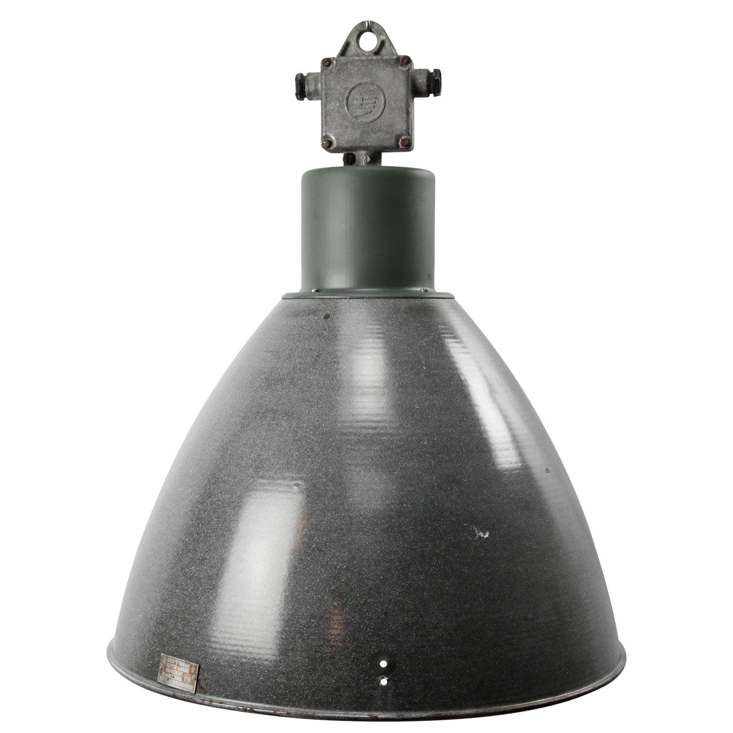 Grande lampe pendante industrielle vintage en émail gris