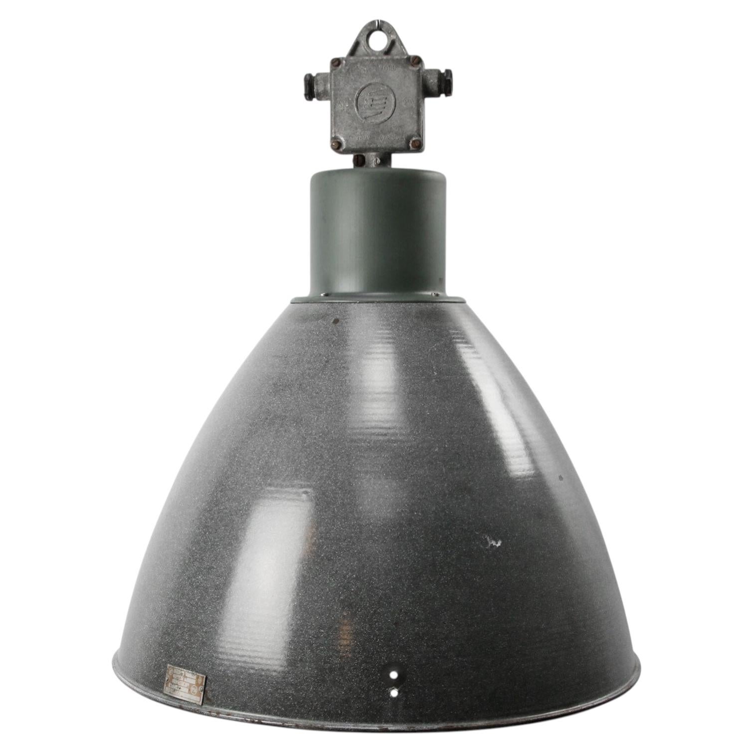Large Gray Enamel Vintage Industrial Pendant Light For Sale