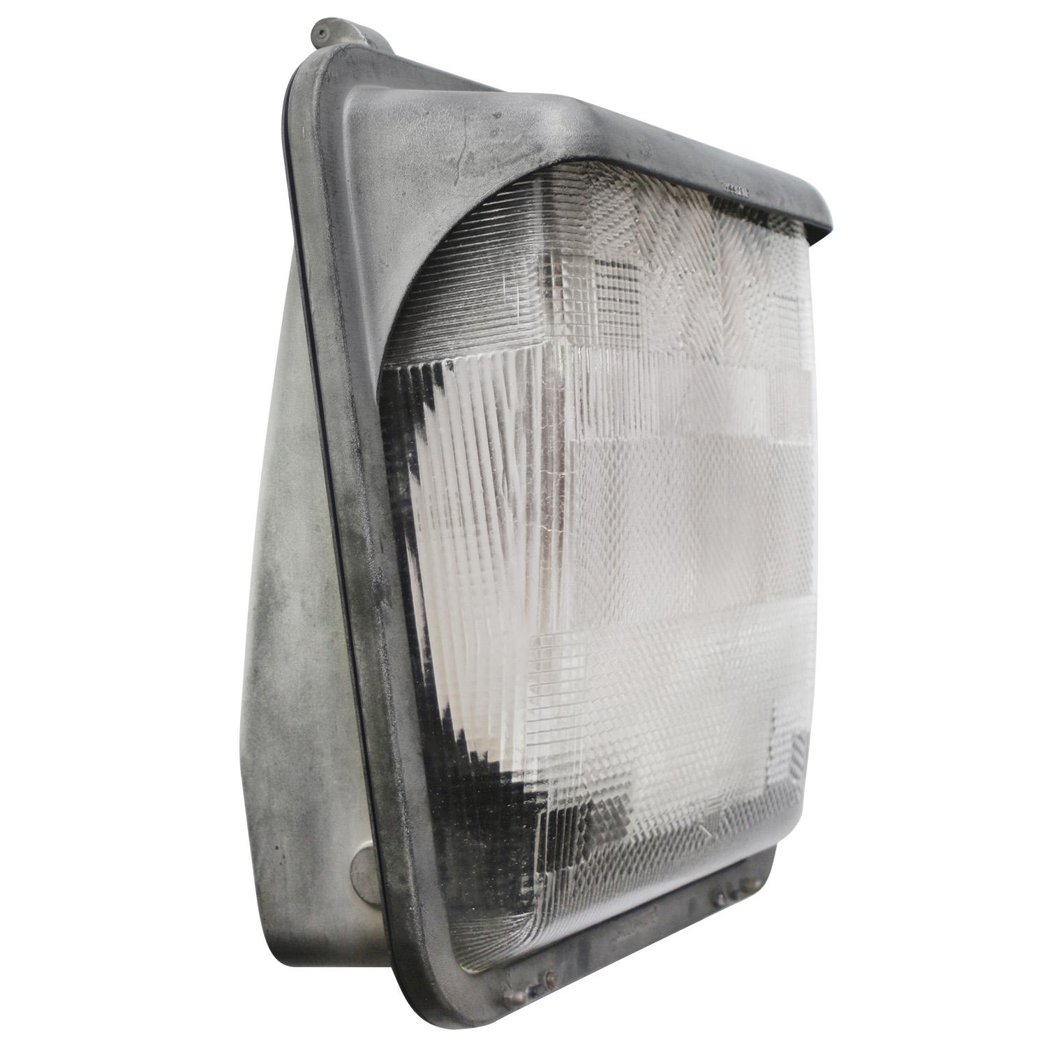 French Industrial wall / floor lamp by Holophane, France
Grey cast aluminium with clear cut glass.

3x E27 / E26 – impressive size

Weight : 16.20 kg / 35.7 lb

Priced per individual item. All lamps have been made suitable by international standards