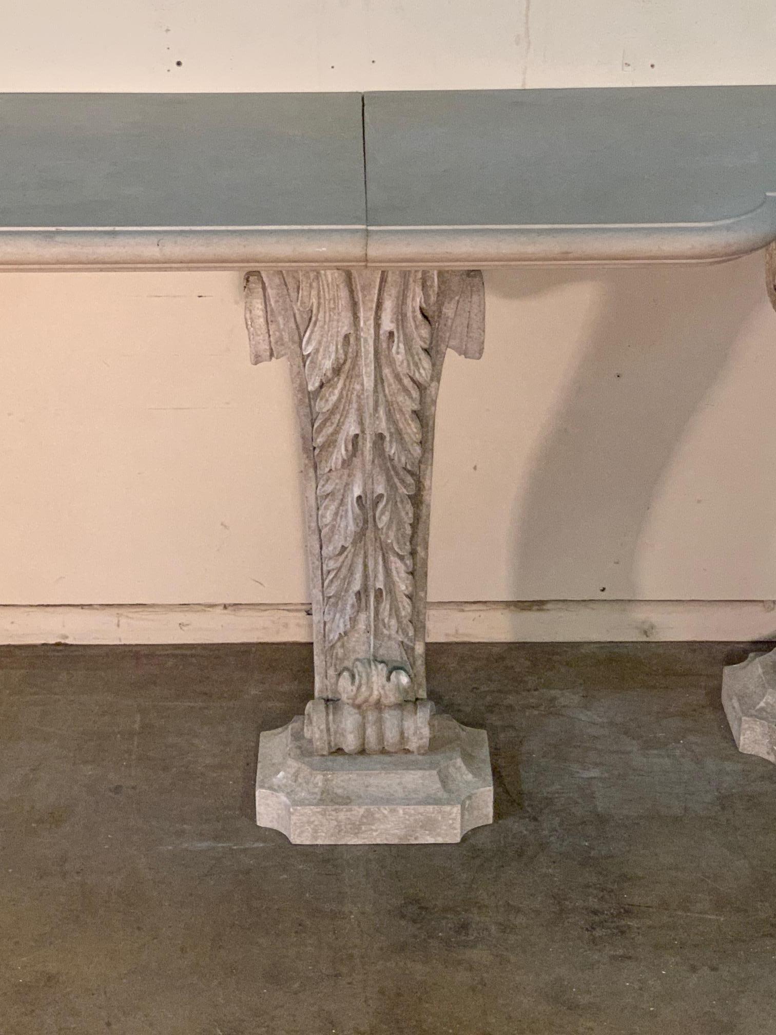 Carved Large Gray Painted and Limestone Console Table For Sale