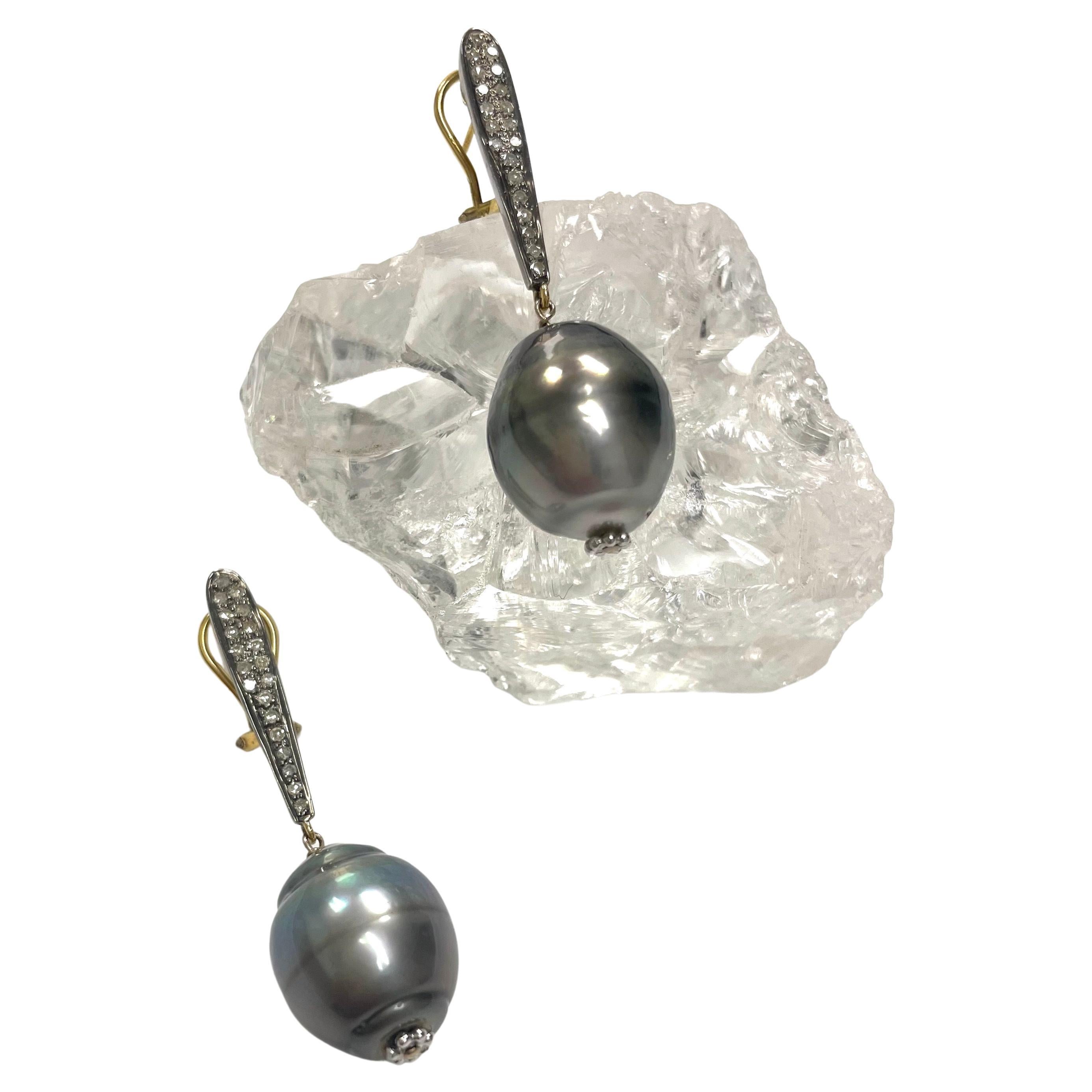 Women's Large Gray Tahitian Pearl with Diamonds Earrings For Sale