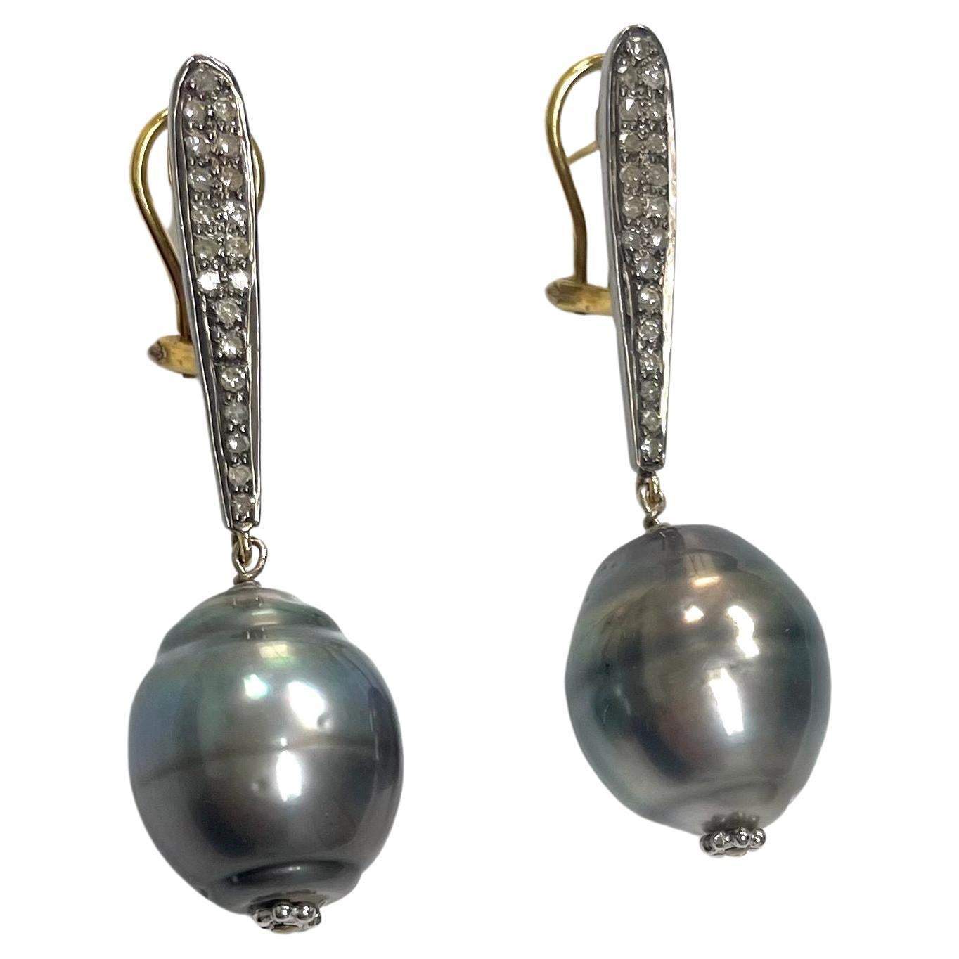 Large Gray Tahitian Pearl with Diamonds Earrings For Sale