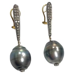 Large Gray Tahitian Pearl with Diamonds Earrings
