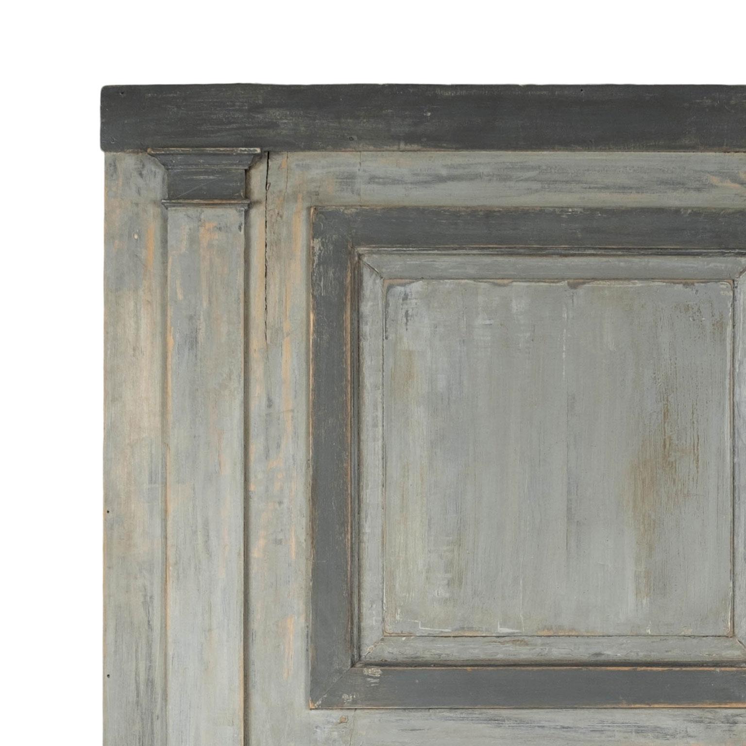 Large grayish-blue painted trumeau mirror from France. Features joined joined construction and dates to the 19th century with later paint and mirror plate.

Note: Regional differences in humidity and climate during shipping may cause antique and