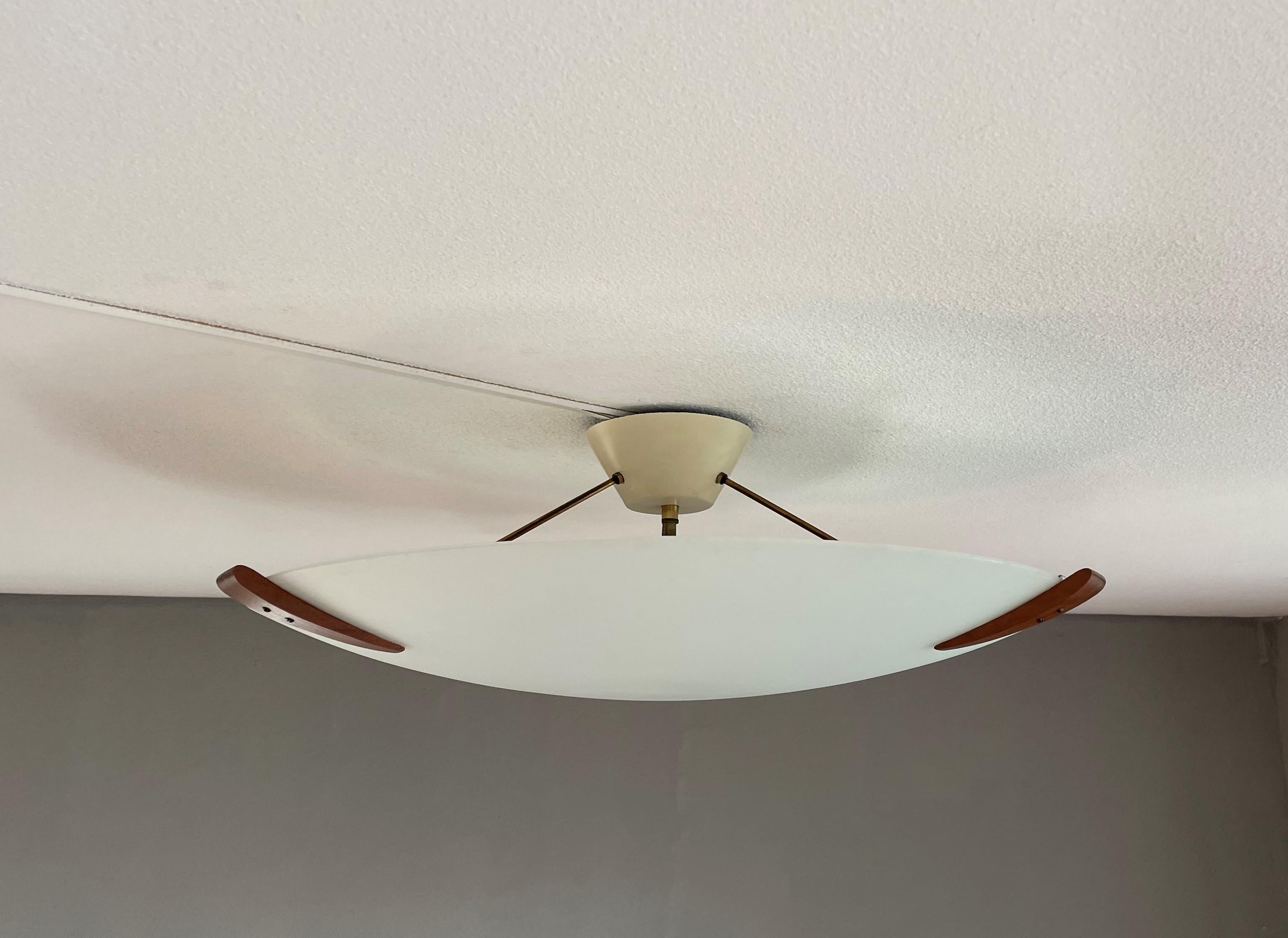 Large & Great Condition 3 Light Mid-Century Modern Glass Flush Mount W Teak Wood For Sale 12