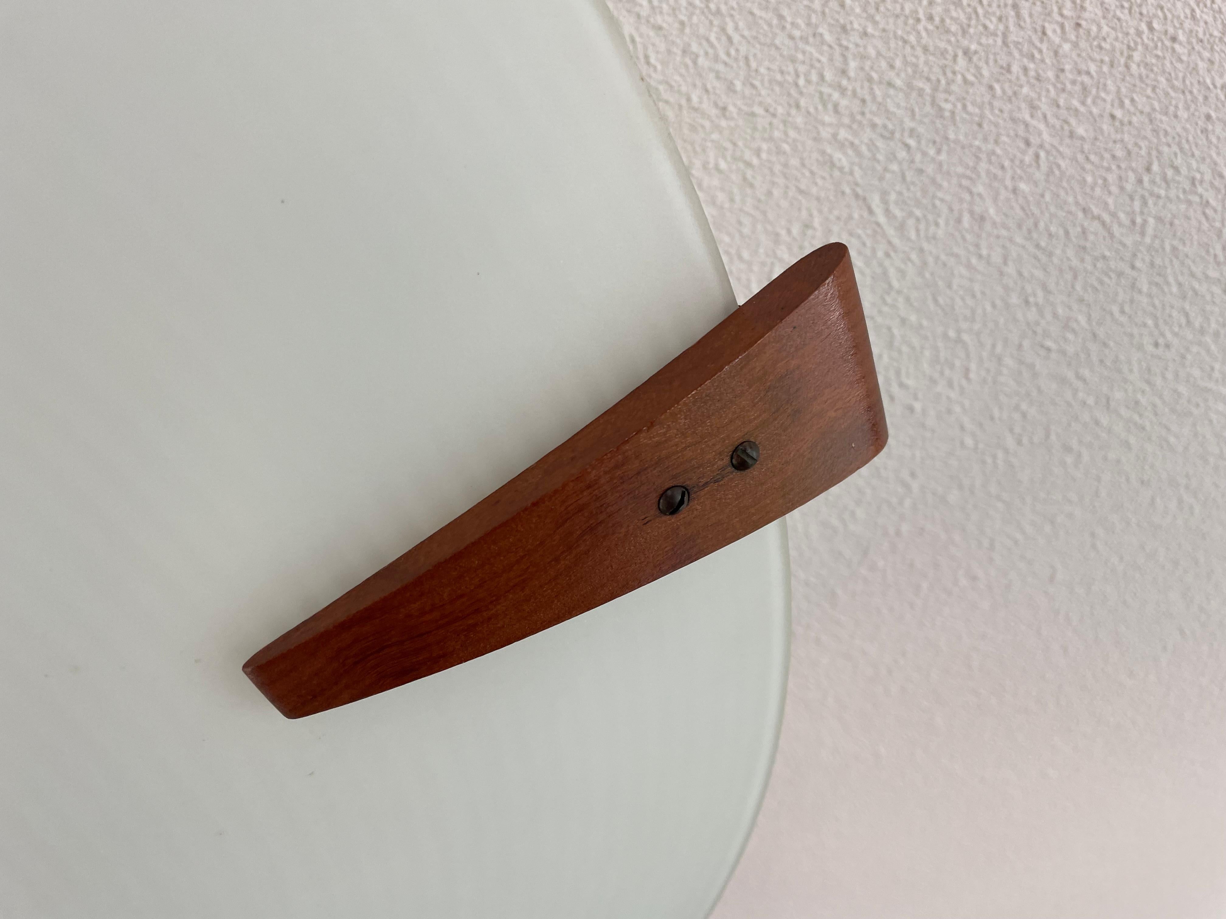 Large & Great Condition 3 Light Mid-Century Modern Glass Flush Mount W Teak Wood For Sale 2