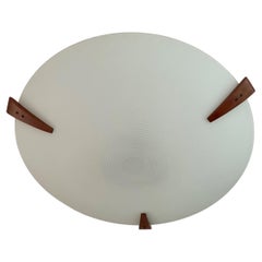 Retro Large & Great Condition 3 Light Mid-Century Modern Glass Flush Mount W Teak Wood