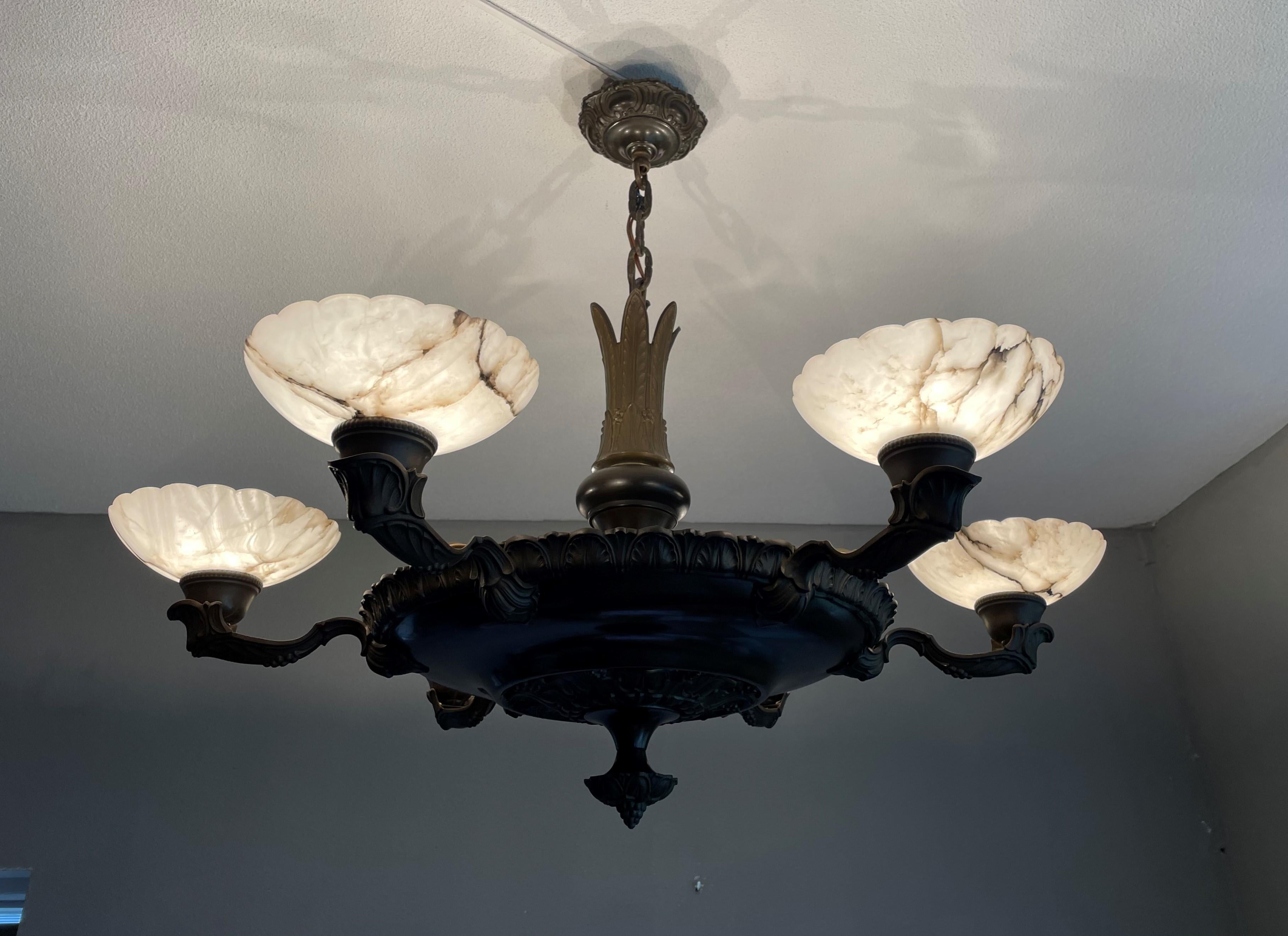 French Large & Great Design Brass W. 6 Mint Alabaster Shades Chandelier / Pendant Light For Sale