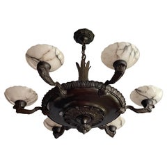 Large & Great Design Brass W. 6 Mint Alabaster Shades Chandelier / Pendant Light