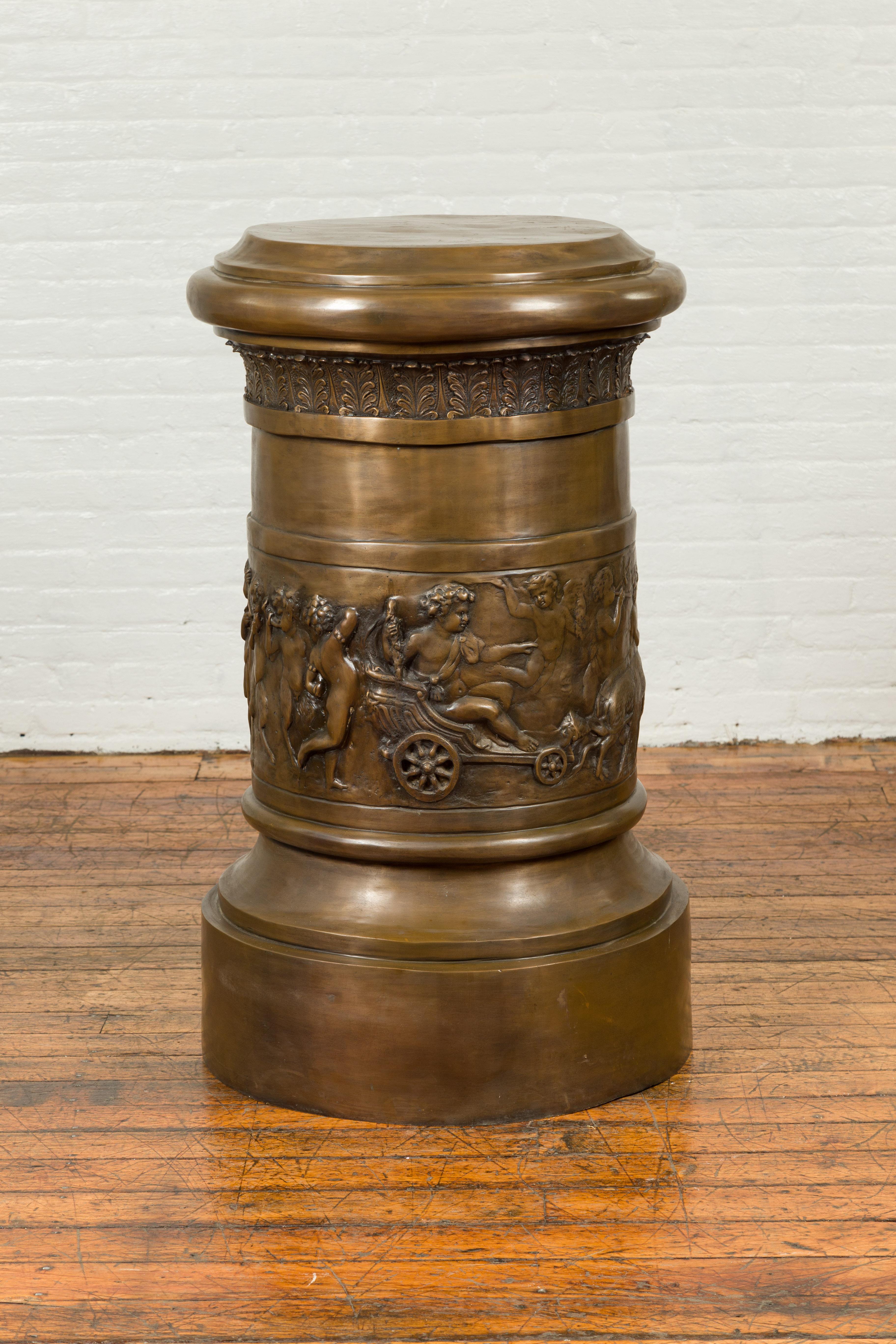 Cast Large Greco-Roman Style Contemporary Bronze Pedestal with Bacchanalia Frieze For Sale