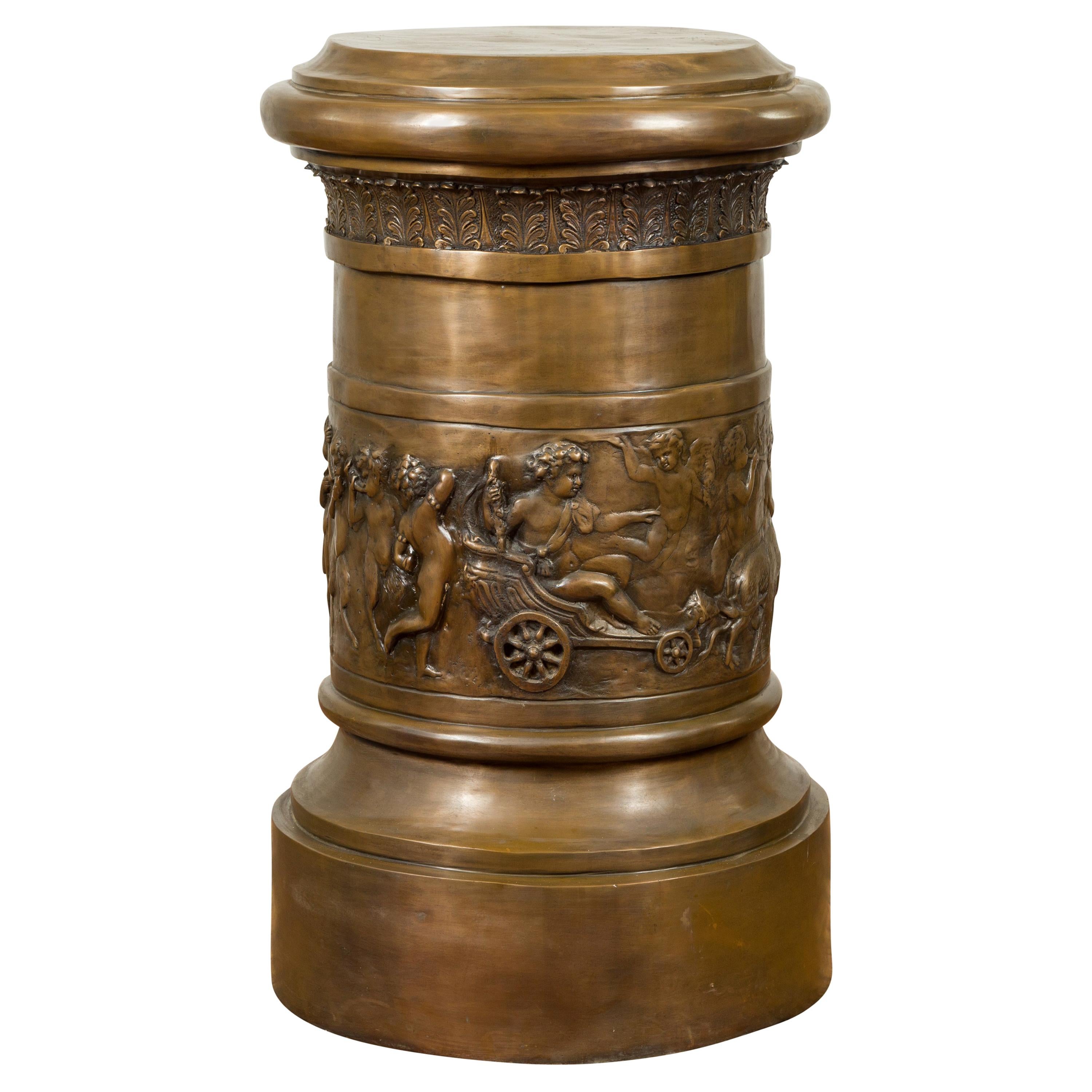 Large Greco-Roman Style Contemporary Bronze Pedestal with Bacchanalia Frieze For Sale