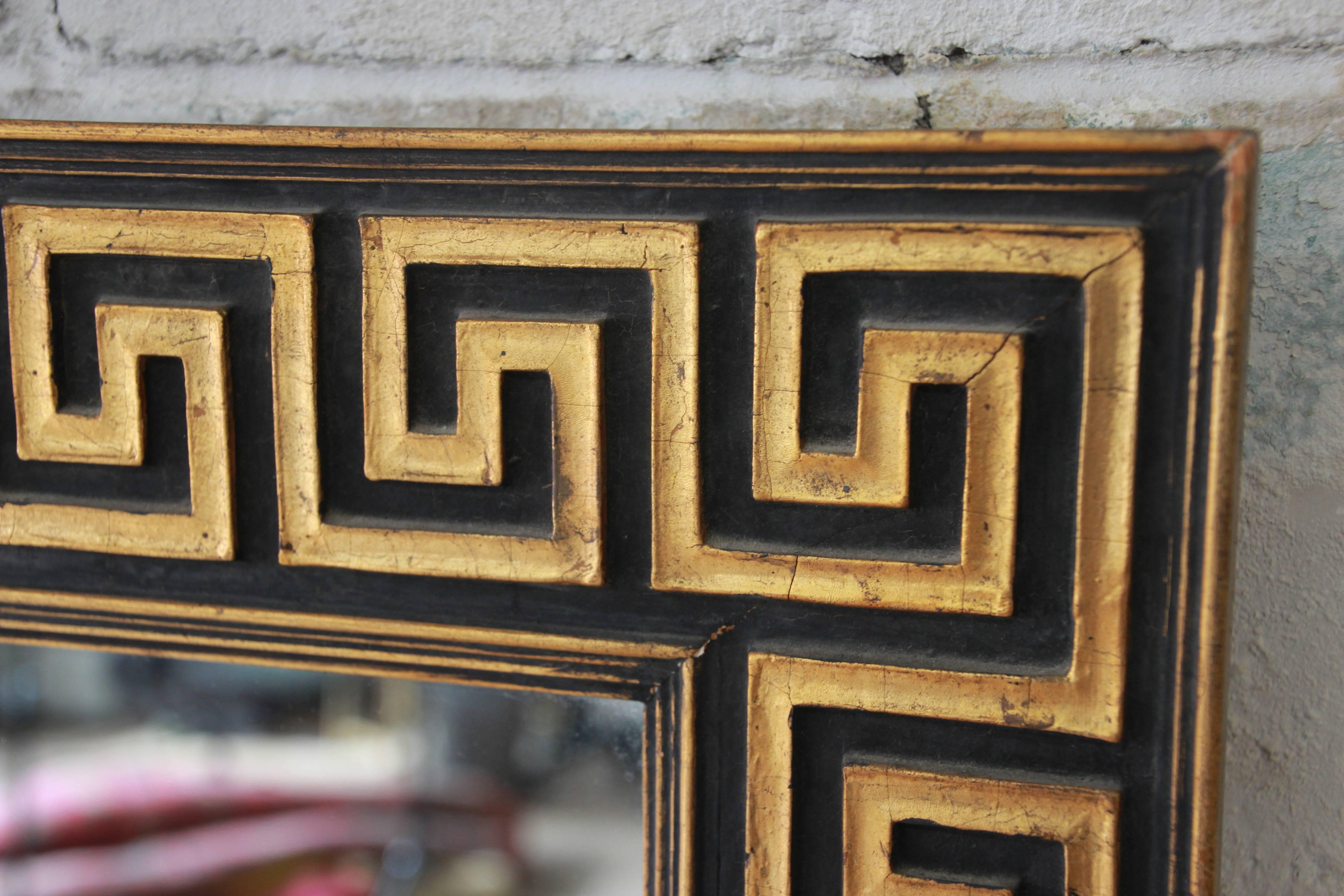 Hollywood Regency Large Greek Key Mirror in Gold Leaf and Black, circa 1940s