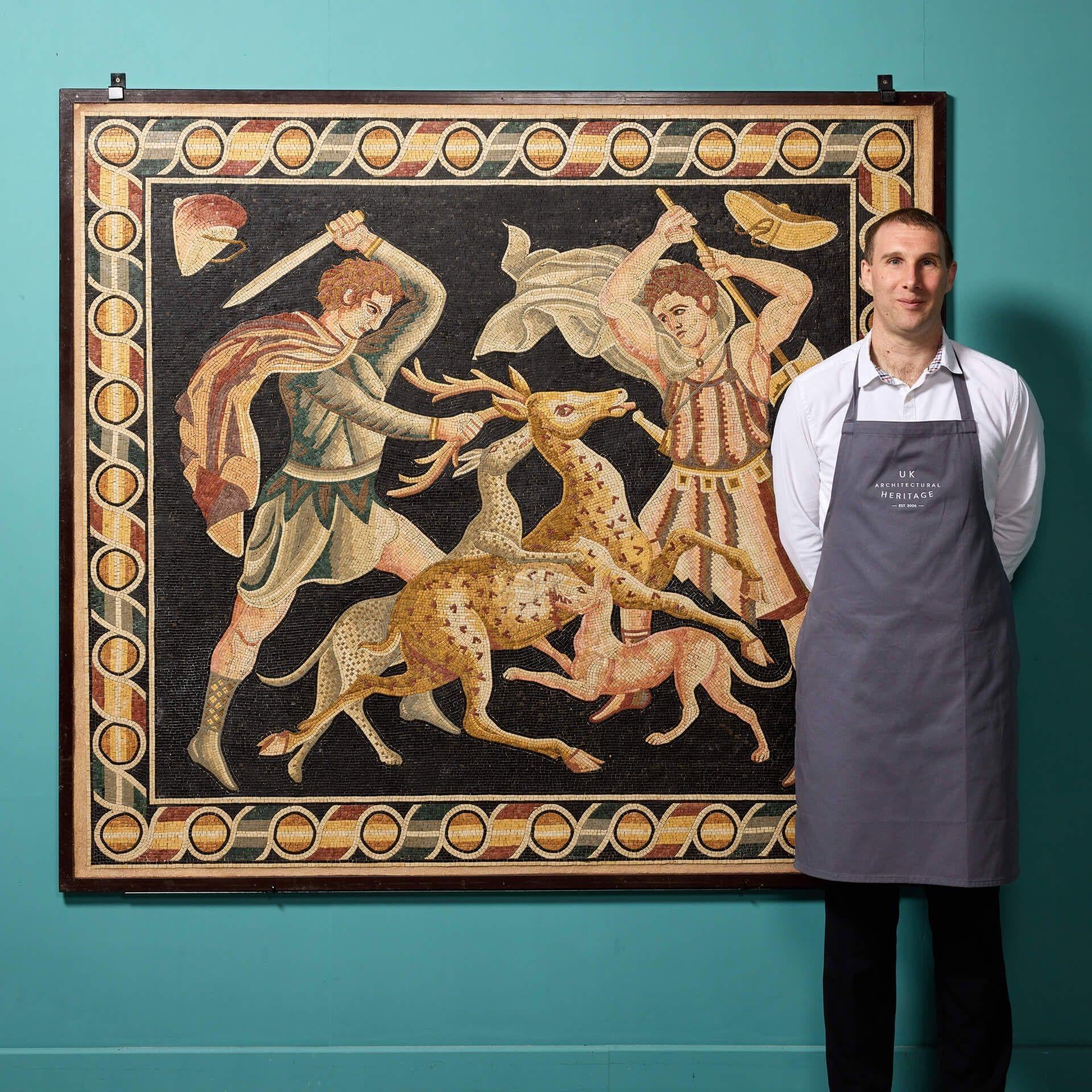 A large and intricately made Greek style mosaic wall art panel inspired by “The Stag Hunt”, a 4th century mosaic found in Pella, Greece, and signed by ancient Greek artist, Gnosis.

Small tessera mosaic tiles are used to depict two hunters in
