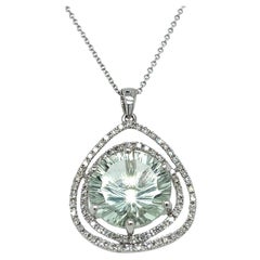 Large Green Amethyst and Diamond Pendant Necklace in 14K Gold