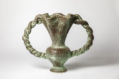 große grüne und schwarze Keramikvase von Mairus Giuge Vallauris aus dem 20.